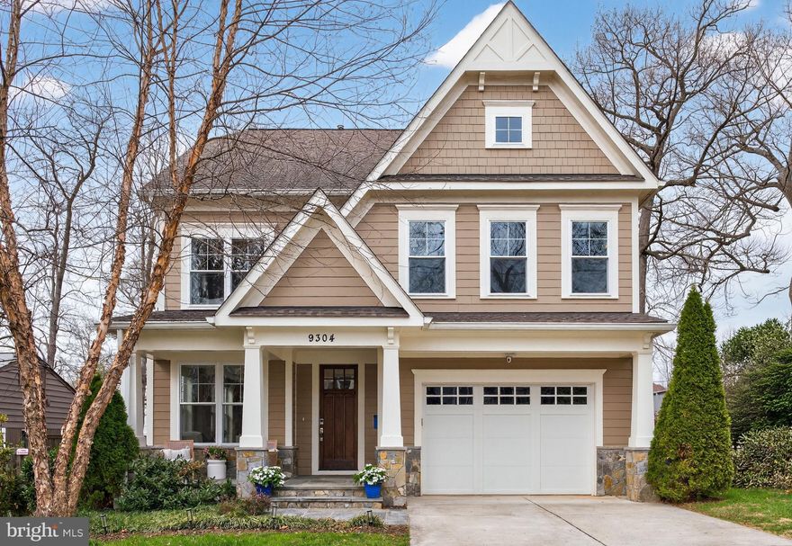 Welcome home to 9304 Ewing Drive, a picture-perfect 5-bedroom, 4.5-bath craftsman on a vibrant sidewalk-lined street. Built in 2015, this dazzling collaboration by award-winning Menditch Homes & Claude C. Lapp Architects epitomizes quality construction. Impressive design elements combine with optimal scale to deliver enticing spaces that are as elegant as they are warm. High ceilings, exceptional millwork, gleaming hardwood floors, and abundant oversized windows set a beautiful tone. Open yet defined, the sun-filled main level offers a lovely sitting room, a refined dining room with wainscoting and a weaved pendant light, a center island kitchen with rich natural stone countertops and an adjacent delightful breakfast area, a large family room with a gas fireplace and glass door passage to the rear grounds, a discreet powder room, and a custom mudroom. The home’s upper level features a spacious and sumptuous primary retreat with a luxurious spa bathroom and two custom walk-in closets, three additional generously sized bedrooms –one with an ensuite bath and two which share a bath-- and a laundry room with a sink and storage. Downstairs, the daylit lower level offers an expansive recreation and game room, a fitness room, a fifth bedroom for guests, a full bathroom, and extra storage. Exterior highlights include a charming covered front porch with stonework, professional landscaping, a rear deck overlooking a fully fenced back yard, and an attached front loading one-car garage. Just steps to the elementary and middle schools and convenient to an array of shopping and dining options, the Ride On route, buffered bike lanes, two metro stations, the YMCA, downtown Bethesda and major commuter routes, this location is ideal.