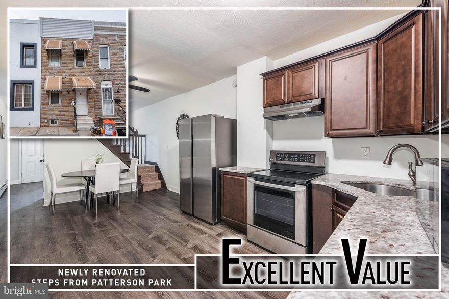 Why rent when you can own this charming, newly updated rowhome nestled in the heart of Patterson Park! Thoughtfully refreshed while maintaining its classic appeal, this home offers a warm and inviting atmosphere from the moment you step inside. The main level features rich wood flooring throughout, a sun-filled living room with an open, airy feel, and a dedicated dining area perfect for everyday living or entertaining guests. The updated kitchen is both stylish and functional, showcasing stainless steel appliances, sleek granite countertops, and ample cabinetry for storage and prep space. A convenient main-level full bath adds flexibility and ease.  The upper level offers two well-proportioned bedrooms, each with great natural light and comfortable living space. The unfinished basement provides abundant storage and presents an excellent opportunity for future customization.  Enjoy outdoor living on the private rear patio—ideal for morning coffee, relaxing evenings, or hosting gatherings. Located just steps from Patterson Park and within close proximity to Johns Hopkins, local dining, shopping, and major commuter routes, this home delivers the perfect combination of charm, updates, and unbeatable convenience. A fantastic opportunity for both homeowners and savvy investors alike!