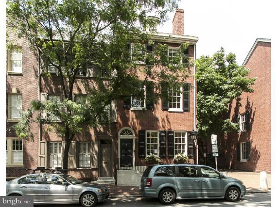 Exquisite 1827 historic corner home. Unique setting on St. Peter's Way w/spectacular views & north, east & south exposures. Located on a beautiful tree-lined street facing St. Peter's Church & gardens. Complete renovation includes 4 bedrooms + study, 5   baths & 5 fireplaces. Lovely black and white marble entry foyer, high ceilings, original details & wood floors t/o, large living room/dining room w/fireplace, large eat-in gourmet kitchen w/Wolf stove w/ double ovens, birch cabinets, granite counters, Subzero refrigerator, Asko dishwasher, pantry, access to 2 level bricked garden w/ fountain. Entry to St. Peter's Walkway leading to 3 Bears Park. Marble powder room & large coat closet. 2nd floor-corner study. Master bedroom suite w/sitting room w/fireplace facing St. Peter's. Beautiful white marble bath w/tub & shower, double sinks & terrace. 3rd floor-2 large bedrooms w/fireplaces & 2 full baths. 4th floor-large cathedral ceilinged bedroom/family room with full bath, fireplace & deck, extensive closets throughout. Large, finished basement with high ceilings, full bath and laundry room. 3 zones HVAC. Parking included at St. Peter's, 3rd & Lombard, in perpetuity/$1,000 per year.