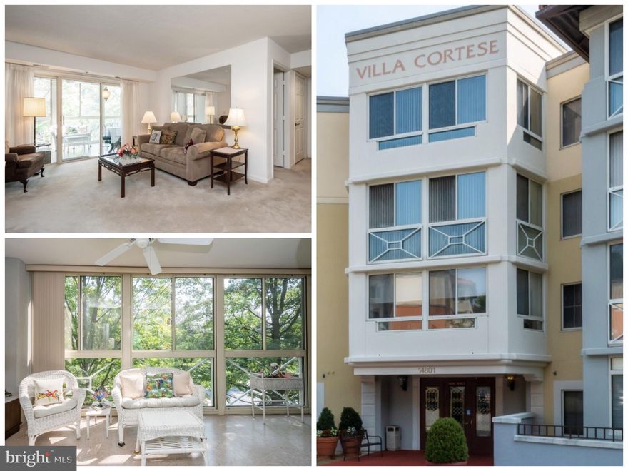 Rarely Available, 3BR End-Unit Condo in the desirable and well-maintained Villa Cortese complex at Leisure World. This 1600+ sqft condo features Two Primary Suites, each with their own private bathroom. Walking from the large foyer you can enter the Living Room that leads to the Four Seasons Room/patio that let’s in a lot of light. The over-sized Dining Room and eat-in kitchen w/ lots of cabinets give you plenty of layout options to suit the home to your personal preference. The Larger Primary Suite has built-in shelves, walk-in closets and a bathroom with double vanity, soaking tub & shower. Both primary suites are located in the rear of the condo for maximum privacy. The Additional 3rd Bedroom/Den is perfect for an office or guest room and has a slider that allows you to access the patio. An additional Half Bath off the foyer is perfect for guests. This quiet, 3rd Level Condo is in the desirable and well-maintained Villa Cortese complex, which offers its own community room and activities. Leisure World amenities include 18-hole golf course, tennis, shuttle bus service, clubs and activities, restaurants and much more. The monthly fee of $924 covers water & sewer, grounds maintenance, basic cable tv, trash removal and internet, as well as the home owner's association contribution. This condo is Move-In Ready and has been Meticulously Maintained by it’s original owner. Parking Space and Storage Unit are on lobby level.