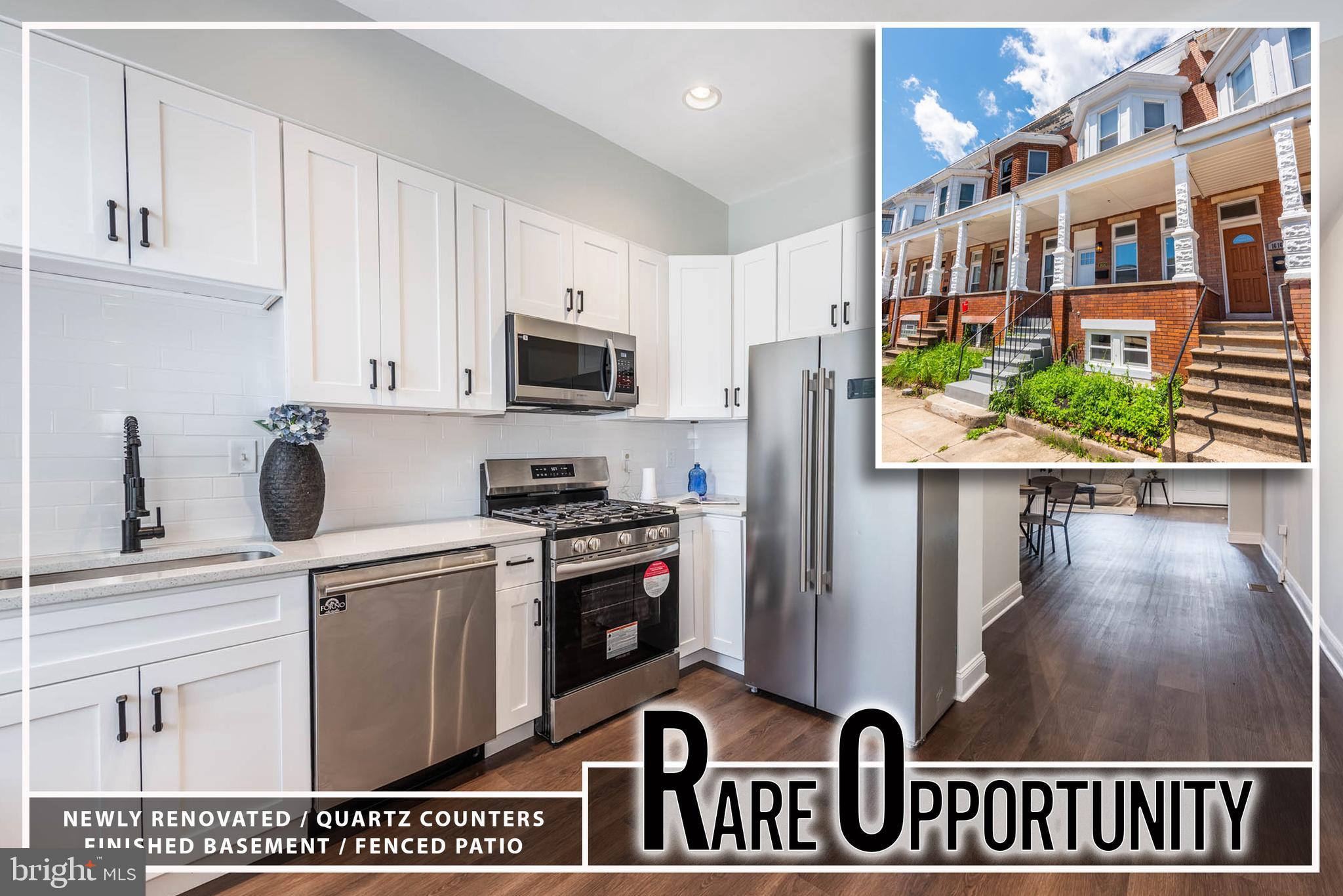 Chic Urban Living Meets Modern Comfort! Step into this beautifully renovated porch-front rowhome offering three levels of stylish and functional living space. The main level welcomes you with gleaming wood flooring, a bright and spacious living room perfect for entertaining, and a separate dining room ideal for gatherings. The heart of the home is the Chef’s kitchen, thoughtfully designed with sleek Quartz countertops, stainless steel appliances, custom cabinetry, and ample workspace for culinary creations. Upstairs, retreat to the Primary bedroom suite featuring a serene full bath and generous closet space. Two additional bedrooms share a well-appointed hall bath, perfect for guests or family. The fully finished lower level expands your living space with a large family room—ideal for movie nights, a home office, or play area. Step outside to your private rear patio—perfect for summer barbecues or peaceful morning coffee. With stylish finishes, generous living areas, and a layout made for modern living, this move-in-ready home offers both character and convenience in one beautifully updated package!