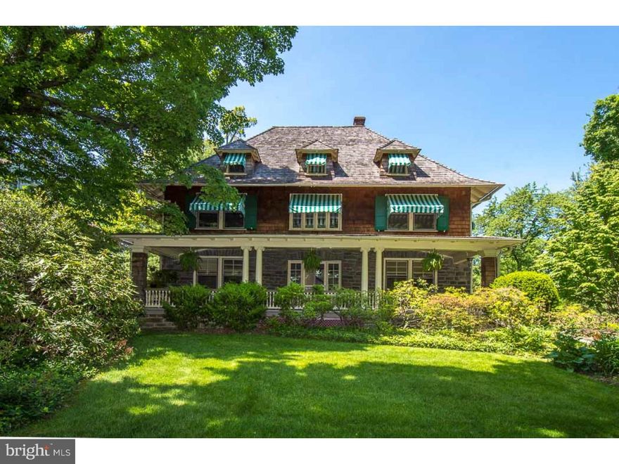 This ultra charming home greets you with the most inviting expansive front porch. Enter the large entrance hall and gaze at the wide staircase with a picture window overlooking beautiful grounds adding to the character of this home. This loved and well maintained home offers strength of construction of a bygone era.  There are six bedrooms and 3.5 baths.  All systems have been updated and redone including the addition of zoned central air and heating. The swimming pool with natural finishes fit perfectly surrounded by spectacular grounds. Also true to the style of the home is a handsome cedar shake roof.  The amazing property allows for gardening, games and entertaining. Enjoy living on this quiet street with walking distance to the train station. Equally special is the short distance to the elementary school and and walk to Narberth and the Botanical garden. *An extensive list of improvements and upgrades are available.