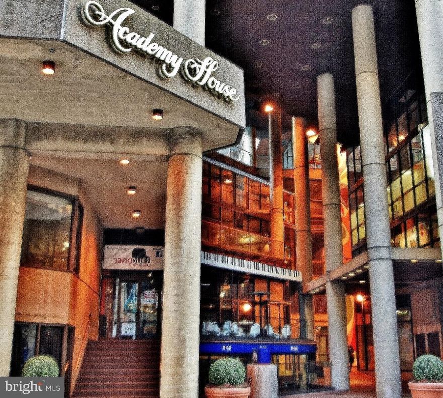 Wouldn’t it be nice to come home to your own private sun lit space with floor to ceiling windows encasing an unobstructed southern panorama with expansive views of Philadelphia? Come see why so many Academy House residents stay here for years, with its central location they find no reason to ever move.  Walk in to an entry foyer with a galley kitchen with lots of great counter space.  The comfortable living room/dining area has sliding glass doors which lead to a Juliette balcony so you can get feel for the day’s weather.  There is very ample close space in the bedroom and the bathroom features a washer/dryer.  Academy House is a 24/7 door person building with a private terrace area for the residents, as well as a state of the art fitness area featuring two endless pools.  The building also offers valet monthly parking (extra fee).  Walk out of Academy House and you have countless restaurants within one block, in addition to being right next to the Academy of Music and steps away from The Kimmel Center. The monthly fee is $75.11 for cable/internet.  The capital reserve fee  is 1.5% of the sale price.