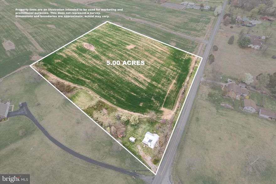 Views, Views, Views! Don’t miss this rare opportunity to own a diamond in the rough. This 1945 farmhouse sits on approximately 5 acres of prime farmland with breathtaking 180-degree mountain views. The existing home is in need of a renovation—or bring your vision and build new. No information is known about the house and no representations are made regarding the condition of the home; property is being sold as is.
New  5-acre property lines are surveyed and marked. Current crops on the property will be harvested by August 15th.  Enjoy the serenity of being surrounded by farmland and mountain vistas, all while remaining just minutes from commuter routes, shopping, restaurants, and parks. Please note: this property is being sold as is and will likely not qualify for government-backed financing.