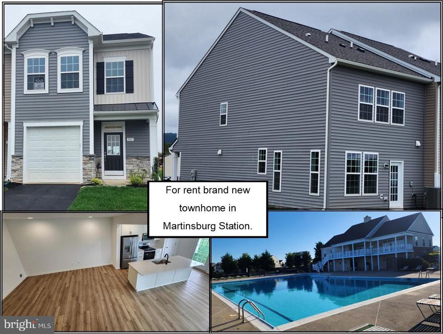 Brand new 2 level end unit Townhome in Martinsburg Station for rent. Rent is $1899 per month, security deposit is $1899, application fee is $55 per adult. 1 pet accepted on case by case basis for an additional $50 per month pet rent. This property has lots of upgrades and is 1617 square feet which is larger than most 2 level units, gourmet kitchen with Quartz countertops, 8 foot island, pantry, and recessed lighting. Luxury vinyl plank flooring on the main level, oak stairs lead to 3 bedrooms and 2 full bath, and laundry.  Sub-division offers in ground pool, club house, walking/jog trail, tennis and is conveniently located just minutes to I81. Tenant must have renter's insurance and pays all utilities. Available immediately. Blinds and washer dryer will be installed.