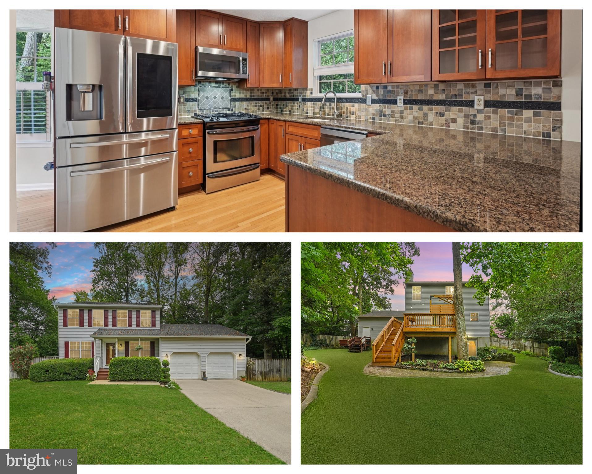 Welcome home to this beautiful property set on a gorgeous lot with mature trees and thoughtfully designed landscaping. A long driveway leads to the inviting front porch and fenced yard with parking made easy. Inside, hardwood floors span the main level, featuring a formal dining and living room, plus a cozy family room with a brick-accented fireplace. The eat-in kitchen offers stainless steel appliances, ample cabinetry, and a custom backsplash. Step outside from the family room to a large deck with stairs leading to the backyard and patio, perfect for outdoor entertaining. Upstairs, you’ll find generously sized bedrooms, including the primary suite with a dual vanity and stand-up shower. The finished basement adds versatility with an additional room and walkout access to the yard and deck. This home offers space, comfort, and charm, both inside and out!
