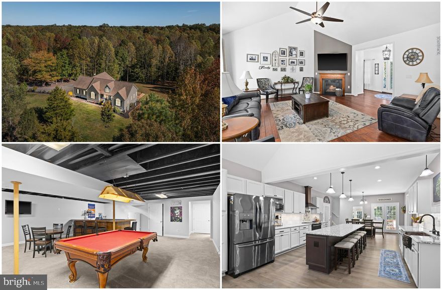 Welcome to this exceptional, move-in-ready custom home featuring 4 bedrooms and 4 full
bathrooms with over 5,000 finished sq ft, set on 10 private acres. Offering the perfect balance of
luxury, functionality, and peaceful country living, this property has been thoughtfully remodeled
with high-end finishes throughout, ideal for both everyday living and entertaining. 
The main level boasts an open gourmet kitchen anchored by a generous center island. The
quartzite countertops, hammered copper farmhouse sink, hammered copper beverage sink,
matching copper hood over the range, pot filler, custom tile backsplash, wine & coffee bar, and
abundant cabinetry are a chef’s delight. From the kitchen, the dining room flows seamlessly into
the spacious living room with soaring vaulted ceilings, gas fireplace, and rich tobacco wood
flooring. The main-level owner’s suite features new carpet, a walk-in closet and a spa-inspired
ensuite with dual vanities, luxury vinyl plank flooring, linen closet, separate shower, and soaking
tub with chandelier. There are two additional bedrooms on the main level both with oversized
closets, ceiling fans and fresh paint. The front bedroom has new carpet and high vaulted ceilings,
while the rear bedroom has hardwood flooring. Both served by a guest bath with dual marble
vanities and a generous linen closet. Upstairs, a spacious loft suite features new carpet, fresh
paint, and a private bath with LVP flooring and a freestanding shower. Located on the main floor,
the generous laundry room has multiple cabinets, counter space, and a secondary fridge for
added convenience.  Downstairs the finished, walk-out basement expands the living space with two large recreation rooms, along with a kitchenette including beverage cooler, small fridge, sink, and ample cabinets
under a custom-made L-shaped bar top. Additional spaces include a full bathroom, a sound-
proofed theater room option, and a spacious unfinished storage room. The pool table, cue rack,
billiard light, bar stools, and some gym equipment will convey. The basement could also serve as
rental space with its own private entrance. Additionally, the oversized two-car garage has ample
woodshop space, built in cabinets, rolling worktable, durable high-end epoxy-sealed floors, 12-
foot ceilings, paneled walls, and a built-out storage loft above the parking area. 
Outdoors enjoy the morning sun while watching deer wander by from the covered back deck, or
on the covered front porch while smelling your rose blooms. Additionally, the backyard has a fire
pit on a large pea-gravel pad perfect for BBQs and parties while a fenced garden or chicken coop
area flanked by flowering wisteria bushes offers space for a quiet side hobby. Much of this
beautiful property is wooded, while still offering plenty of lawn to enjoy and is accented in front
with white vinyl estate-style fencing. The long driveway provides plenty of parking and includes
a bonus canvas covered lawn equipment storage shed, which sits camouflaged off to the side.
This one-of-a-kind property offers everything you could want — space, style, and privacy — all
within a short drive to Fredericksburg and Dahlgren Naval Base.