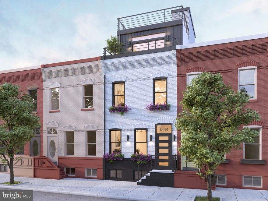 Welcome to 1834 Bainbridge Street! This brand new, new construction townhome located in the heart of Graduate Hospital boasts a stunning white brick exterior and includes 4 bedrooms, 4 full bathrooms, 20 + foot yard and a private roof deck. With sleek and modern custom finishes throughout the entire home, 1834 Bainbridge will be every buyers dream home! Upon arrival you will immediately notice the stunning main living space with an open floorplan layout living room and a full size dining room and kitchen. The luxurious chefs kitchen features an 11ft kitchen island, quartz countertops, plenty of kitchen cabinetry for storage and barstool seating. The kitchen also gives access to the very large outdoor yard. Head upstairs to the next level that is home to 2 spacious bedrooms with walk-in closet space, 2 full bathrooms and a room dedicated to laundry. Upstairs to the primary ensuite you will find plenty of space and an additional outdoor area that overlooks Bainbridge Street. This level also gives access to the private outdoor rooftop that has all the Center City skyline views you need. Downstairs to the fully finished basement, you have another bedroom & bathroom duo, along with a flex space perfect for your next entertainment room, home gym or even home office! 1834 Bainbridge is located right in the heart of Graduate Hospital and is steps from South Street, in close proximity to the Riverwalk, major highways, public transportation and a short distance walk right into Center City. Reach out for more information today! All pictures are renderings and are for illustrative purposes only. This property comes with a 1 year pre-paid parking spot.