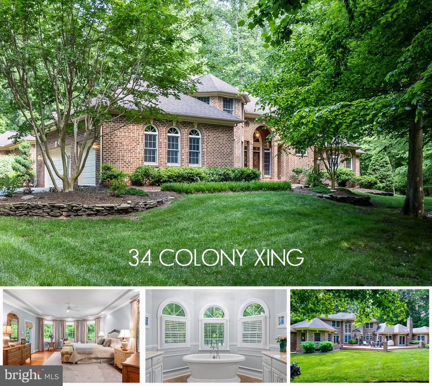 This impeccably maintained sprawling all brick home is situated on a private 2+ acre lot in sought after South River Colony. The grand entry foyer opens to a two story living room with floor to ceiling Palladian windows and a gas fireplace, the  formal dining room is ready to host your family gatherings, the study is centrally located, the kitchen features an upgraded custom island, 5 burner gas cook-top, Advantium wall oven/microwave, and a warming drawer. The family room features custom built-ins and a stone front gas fireplace with access through french doors to the brick patio for your outdoor entertaining needs. The primary bedroom suite and beautifully renovated primary bathroom exude luxury spa-like ambiance. A sitting room off of the primary bedroom makes for the perfect second office or nursery. Switchback stairs lead to a spacious guest bedroom with a renovated ensuite bath and two additional spacious bedrooms with a Jack 'n Jill bathroom. The basement is partially finished and offers an additional full bath along with plenty of space for recreation and abundant storage. Surrounded by trees with views of golf course fairways, the lush lawn offers mature landscaping and an irrigation system. The home is serviced by NATURAL GAS and is equipped with a generator! The hot water heater and  washer/dryer  were replaced in 2022, the lower level furnace was replaced in 2016 and several windows have "be cool" film. Located six miles from historic Annapolis and only 35 miles from DC, South River Colony is a 1,400 acre community comprised of approximately 300 acres of wooded preserves with walking trails, two pools, tennis courts and playgrounds as well as easy access to prime shopping, dining options, professional & medical offices and more. 34 Colony Crossing is located on the estate side of the privately owned Golf Club at South River (golf, fitness & social memberships available).