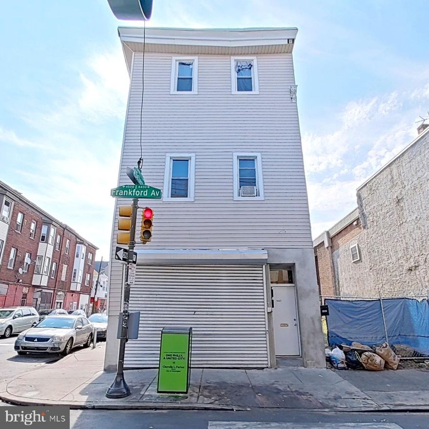 Welcome to this outstanding mixed use investment opportunity in the Frankford neighborhood of Philadelphia. This corner property offers excellent visibility and versatility boasting 5,428 square feet and sits on a 2,173 square foot lot. Consisting of 5 total units, one commercial and the rest residential presents a great opportunity for an investor to add this cash flowing property into their portfolio. The commercial unit is currently occupied by a church paying $2,000/month. The residential units are rented as follows: 1R - vacant, 2F - $900, 2R - $950, 3rd floor - $1,300. The property currently grosses $5,150/month and $61,800/year. With the vacant unit rented for $900/month the gross monthly rent can reach $6,050 and $72,600/year. Each unit is all electric, the tenants pay for the electric while the landlord pays for common area electric and water. This cashing flowing 5 unit building is the perfect property for an investor looking to add 5 more doors to their rental portfolio. You won't even need to put any work into the units, you will have immediate cash flow from day one. The commercial unit is leased through 1/31/26, unit 2F is leased through 7/6/26, unit 2R and the 3rd floor unit is on a month to month lease.

Zoned CMX2, the property allows for a broad range of mixed-use options, making it ideal for investors, developers, or owner-occupants. The corner location enhances street presence and accessibility, while the size and layout provide flexibility for future use, redevelopment, or continued community purposes.

Situated in a high-traffic area with strong neighborhood amenities and convenient access to public transportation and major roadways, this property offers long-term value and multiple income-producing possibilities.

This property can also be purchased in a package deal with the following properties: 4429 Frankford Ave, 4431 Frankford Ave, 4435 Frankford Ave, 4437 Frankford Ave, 4455 Frankford Ave

Don’t miss the chance to secure a sizable, well-located building in a growing area of Philadelphia with endless potential.  Schedule your showing today!