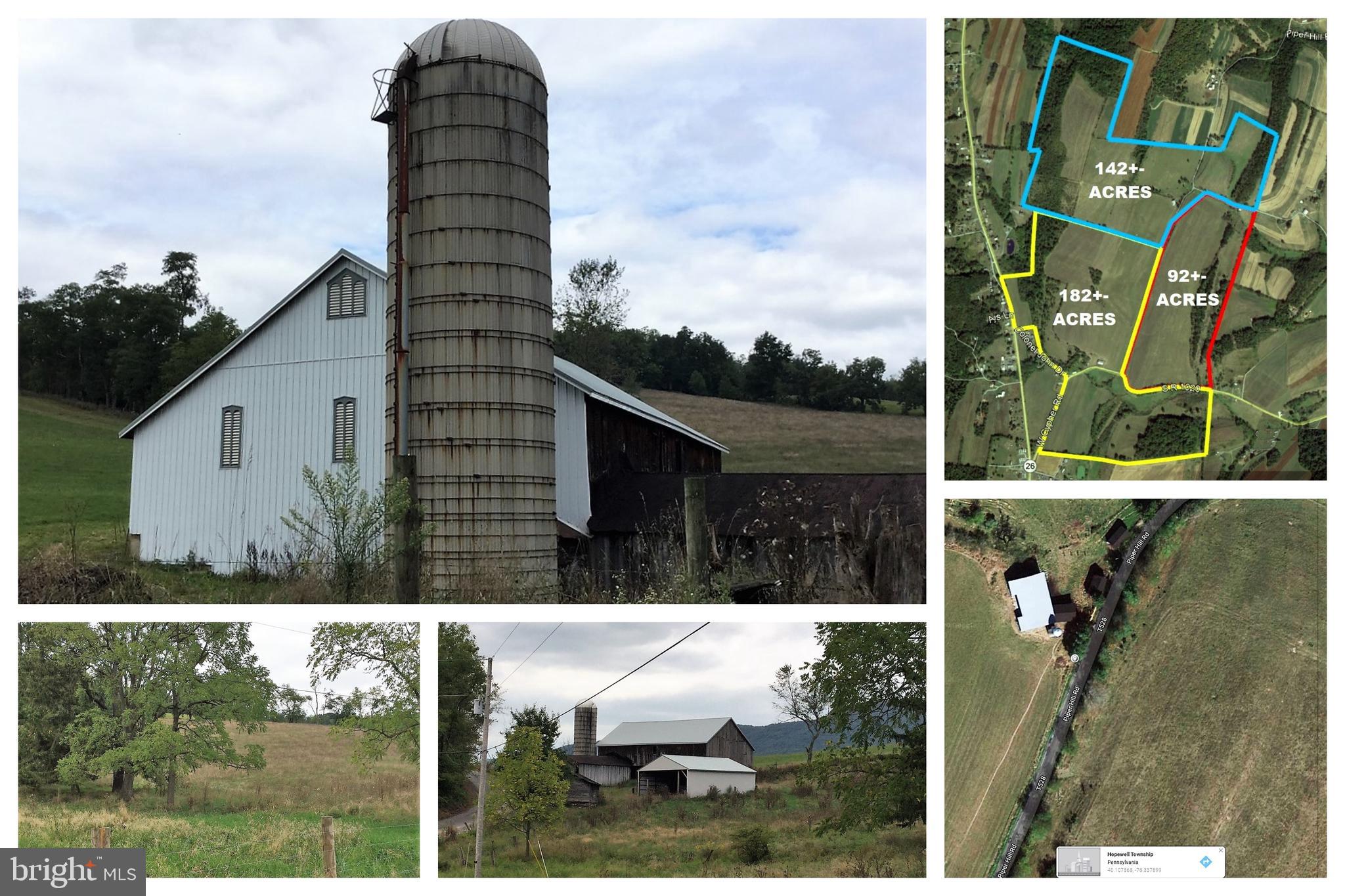 This property will be offered for sale by auction on Friday, November 6, 2020 at 1pm!  TRACT 1: 182+-ACRES w/approx. 114 acres cropland, 58 acres woodland & 10 acres pasture. 2-Story refurbished 51x82 bank barn, 24x64 pole building, well-head, Piper?s Run stream through property; Road frontage on I-26, W Cypher Rd, Colonel John Dr, & Piper Hill Rd; Old blacksmith shop, former lime kilns & cemetery on site; Historic site of Piper?s Cemetery and grave memorial of Colonel John Piper (1729-1816) & Piper?s Fort. TRACT 2: 92+-ACRES w/approx. 71+-acres cropland, 20+-acres woodland & 1-acre farmstead w/springfed water, 50x60 barn, 20x30 shed, 14x50 stave silo; Road frontage on W Cypher Rd, Piper Hill Rd & Snyder Rd. TRACT 3: 142+-ACRES w/approx. 31 acres cropland, 24 acres woodland & 87 acres pasture. 2-Story 50x50 bank barn, 36x36 pole shed (2017), 14x45 concrete stave silo; Road frontage on Piper Hill Rd & Snyder Rd; small community cemetery on site.  List price in no way represents minimum, starting, or acceptable bid. It is used only as a guide to find the property. No Sunday showings