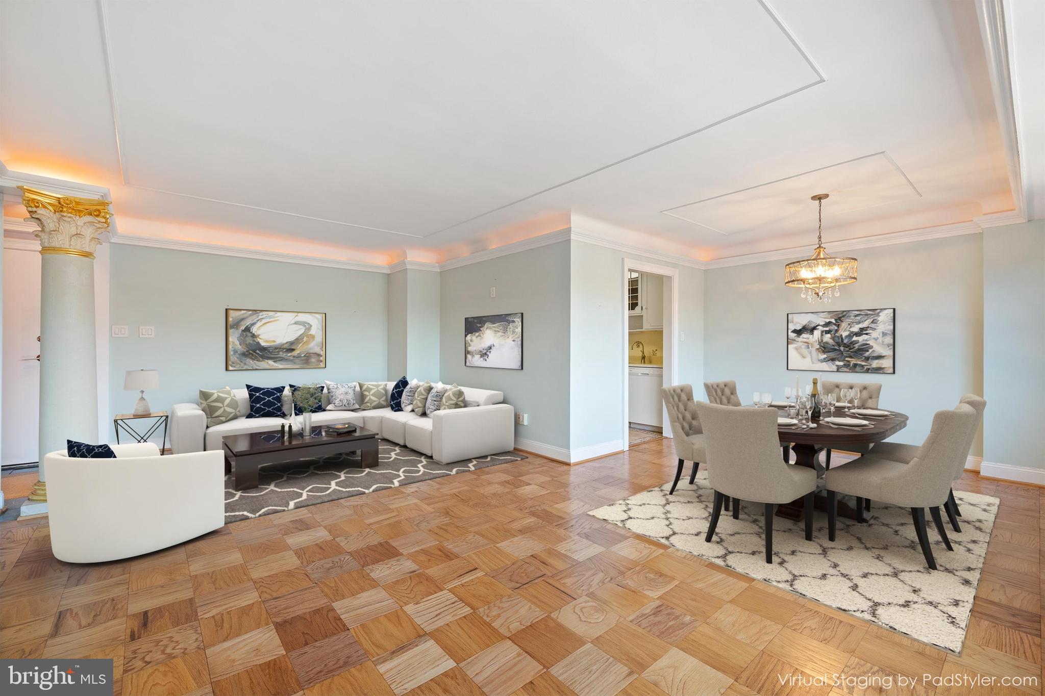 Open Sunday, July 27, from 1-3. Back on the market with the new price. Top-floor charm, 1,250 SF living area, and unbeatable convenience—welcome to your new home at Kenwood House!
This sun-filled 2BR/2BA unit sits on the 5th floor of a classic Mid-Century Traditional building in a peaceful Chevy Chase setting. The entire unit feels open and airy, offering generously sized rooms and excellent storage space for comfortable, spacious living. You’ll love the expansive living and dining area, private kitchen with newer appliances, and parquet flooring throughout, which adds a touch of mid-century flair.
Large windows offer sweeping panoramic views of the tree canopy and surrounding neighborhood, filling the space with natural light and a serene, elevated feel. This wonderful unit is waiting for your personalized touch. Assigned garage spot #59 and EV charging are available on site.
Enjoy the ease of co-op living, with one monthly fee that covers all utilities, property taxes, and building maintenance—a truly hassle-free lifestyle in this beautiful and well-managed community.
Tucked in a quiet, residential setting, yet just minutes from the vibrant restaurants, shopping, and activities of downtown Bethesda, Chevy Chase, and Friendship Heights. The Capital Crescent Trail is right outside your door, with parks, major commuter routes, and public transit all close by.