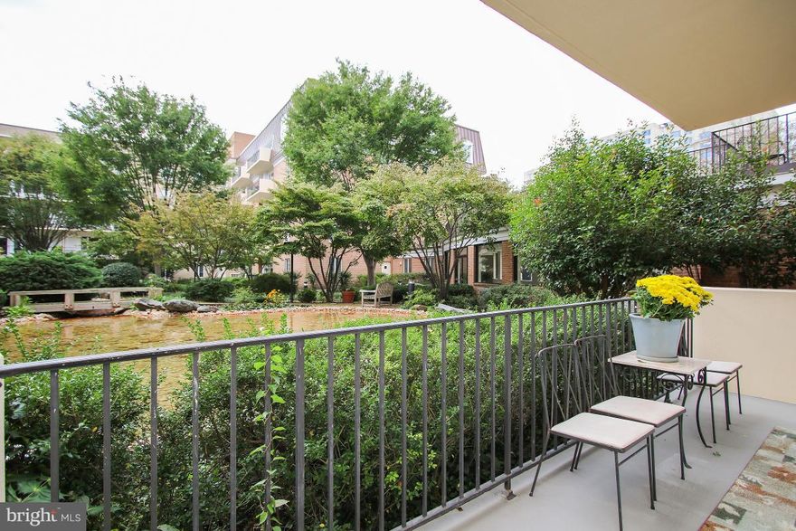 This rarely available unit offers an intimate view of the gardens with a Southern exposure. An 1803 sqft, 2 bdrm, 2ba, plus DEN (or 3rd bdrm). Remodeled kitchen, freshly painted, new carpet, separate dining room, laundry in unit, built-ins in the den, heat pump is 5 years old, 2 extra storage unit, 2 garage spaces. Conveniently located near DC, Bethesda, Beltway, shops, and public transportation.