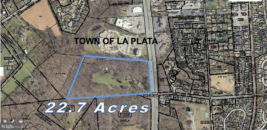 Commercial Highway zoning with over 22 acres of land for development in the Town of LaPlata with public utilities.  Possible uses,: Shopping Center, medical complex, retail, offices, church, apartments, motel/hotels, grocery banks. Great potential in the city limits of the Town of LaPlata which fronts on Crain Hwy ( Rt. 301)