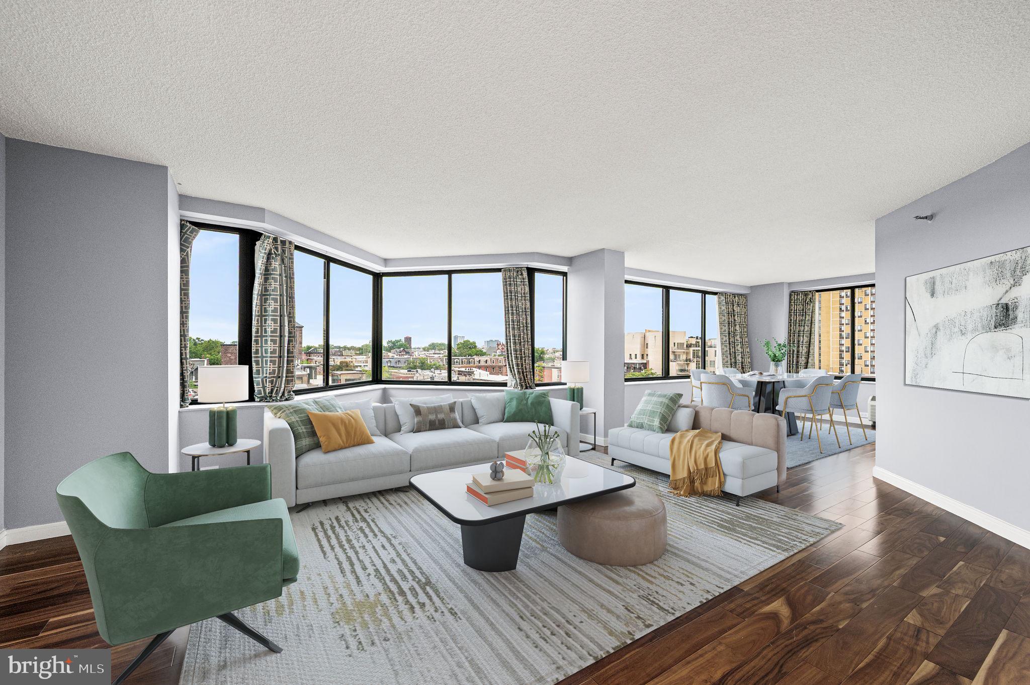 Welcome to Cityview #809, a Light-Filled Corner Residence with Covered Parking!
This expansive one bedroom, two bath condominium at Cityview offers nearly 1,000 square feet of stylish and flexible living space. A wall of windows fills the home with natural light, creating an airy ambiance throughout. The open-concept layout features impressive proportions rarely found in a one-bedroom, ideal for both everyday living and entertaining. The generous floor plan also presents a unique opportunity to easily create a den, home office, or guest area, adding even more versatility to the space. The living and dining areas are framed by sweeping city views, while the updated kitchen delivers both style and functionality with ample cabinet space, stainless steel appliances, and a tiled backsplash. The spacious primary suite boasts a large closet, an ensuite bath with walk-in shower, and in unit washer and dryer for ultimate convenience. A second full bathroom adds flexibility for guests. Covered parking (Space #256) is included, with a monthly fee of just $15. Cityview residents enjoy a full suite of amenities, including a seasonal outdoor pool, lush sculpture garden, library, fitness center, conference room, and 24/7 front desk staff for convenience and security. All of this, just steps from the Barnes Foundation, Philadelphia Museum of Art, Whole Foods, Target, Kelly Drive, and some of the city’s best dining and green space. Experience the best of the Museum area at Cityview.