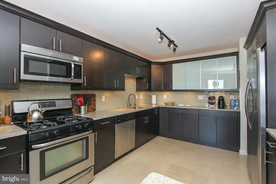 Rarely available south/west exposure 2BR, 2 BA  beautifully renovated condo - most popular open floor plan. Top of the line gourmet kitchen. Large, bright LR, Balcony w/stunning, unobstructed view. Enjoy sunsets. Bathrooms like a spa. Walk-in closet. Laundry room w/new washer/ dryer. Condo fee includes 2 gar spaces and all utilities. Fantastic location! Walk to the Metro, fine shops & restaurants.