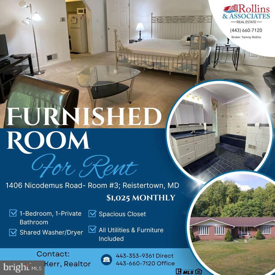 FURNISHED ROOM FOR RENT WITH A PRIVATE BATHROOM.  This is a SHARED, well-kept home with ALL utilities and furniture included. Shared common spaces include the washer/dryer, kitchen, and living/dining room. There is one parking space available at the house. This home is conveniently located in a quiet neighborhood near the 795 interstate. The initial lease term required is six months, with the option to extend upon renewal.

Interested? For a private showing and additional information, please contact the listing agent.