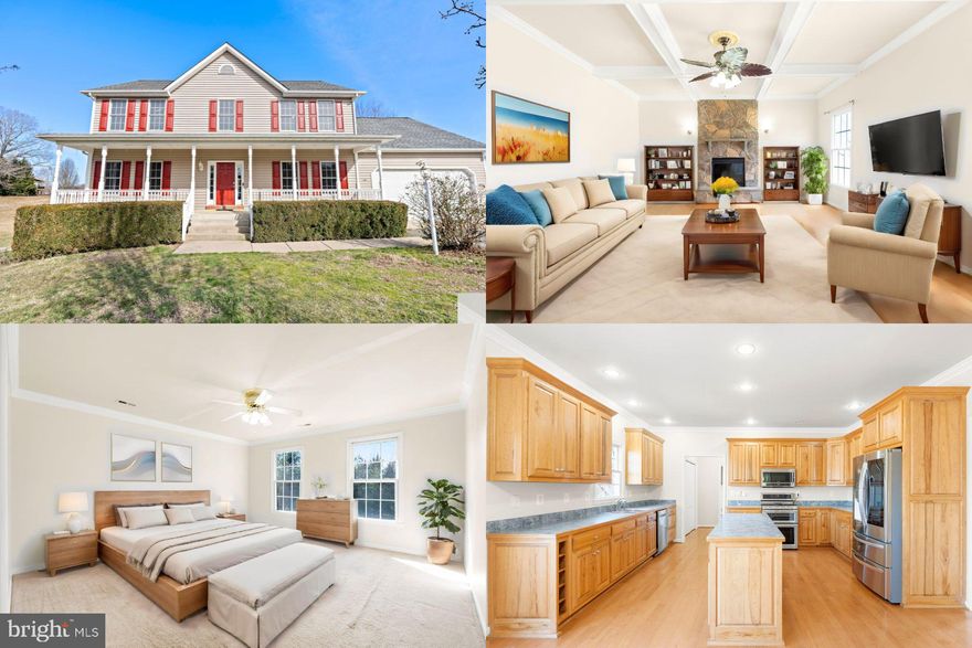 Discover serenity in this beautiful Fredericksburg retreat nestled on just over 1.5 grassy, tree- backed acres. The front porch is a Southern staple, providing the perfect place to greet guests or enjoy afternoon sweet tea. The bright formal dining room sets the stage for memorable gatherings, while a versatile room on the main level provides options for a home office or formal living area. The elegant family room features coffered ceilings and a striking floor-to-ceiling stone surround fireplace, creating a cozy atmosphere.
The heart of the home lies in the huge kitchen, complete with natural wood cabinets, high-end stainless-steel appliances, double oven, recessed lighting, and a center island with ample storage. A breakfast room with doors leading out to the back deck offers a perfect spot for enjoying morning coffee or casual meals with friends.
Retreat to the spacious primary bedroom, where you can unwind while enjoying views of the beautiful backyard. The ensuite bathroom boasts a double vanity, soaking tub, and separate shower for ultimate relaxation. The full basement has a finished room, over 1800 square foot of space for you to customize to your heart's desire and a rough-in for a full bathroom. Whether you want an extensive home gym, rec room/ home theatre, or an in-law suite, there is plenty of room to make your vision come to life. The expansive, lush backyard with a huge patio offers the ideal setting for outdoor gatherings and activities. 
Pay attention to the incredible STAMPED CONCRETE PAD! With its allowed capabilities to put block piers, walls and a roof (structural drawings approved), the possibilities are endless! Other options include pre-run water lines for a kitchenette, hot tub etc. BONUS: The home comes with a WHOLE HOUSE GENERATOR to ensure you're comfort.
Enjoy the best of both worlds with a rural neighborhood feel while still being conveniently located just 15 minutes away from shopping and dining options. The Battlefield Country Store is a mere 7-minute drive away, and numerous parks and outdoor recreation areas are within easy reach. Don't miss the opportunity to make this exquisite property your own! Best of all, there’s no HOA!