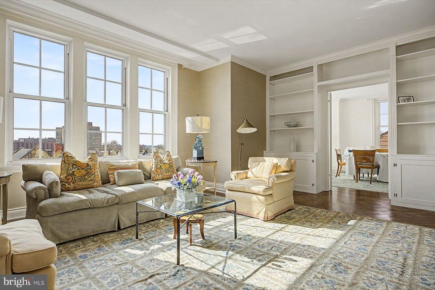 Welcome to 1800 Rittenhouse Square, aka 250 S 18th Street. 
Filled with natural light from large southeast-facing windows, this beautifully proportioned residence offers classic elegance in a premier Rittenhouse Square address. The expansive living room comfortably accommodates large gatherings, while the formal dining room with a generous seating area can easily function as a family room.
The eat-in kitchen, designed by a master craftsman, features custom cabinetry and plenty of storage. This space is large enough for a dining table or small sitting area and has access to the shared balcony. A large laundry closet is close by. The primary suite is bathed in morning light and includes a spacious walk-in closet and private ensuite bath. The second bedroom enjoys eastern exposure and is complemented by a marble bathroom. 
Additional highlights include original restored solid hardwood floors, high ceilings, abundant natural light, detailed architectural moldings and millwork, and recently replaced windows throughout the home, fourteen in total.
1800 Rittenhouse Square is known for its intimacy and prime location, with a 24-hour doorman and immediate access to the city’s best restaurants, shops, museums, parks, transportation, schools, and theaters.