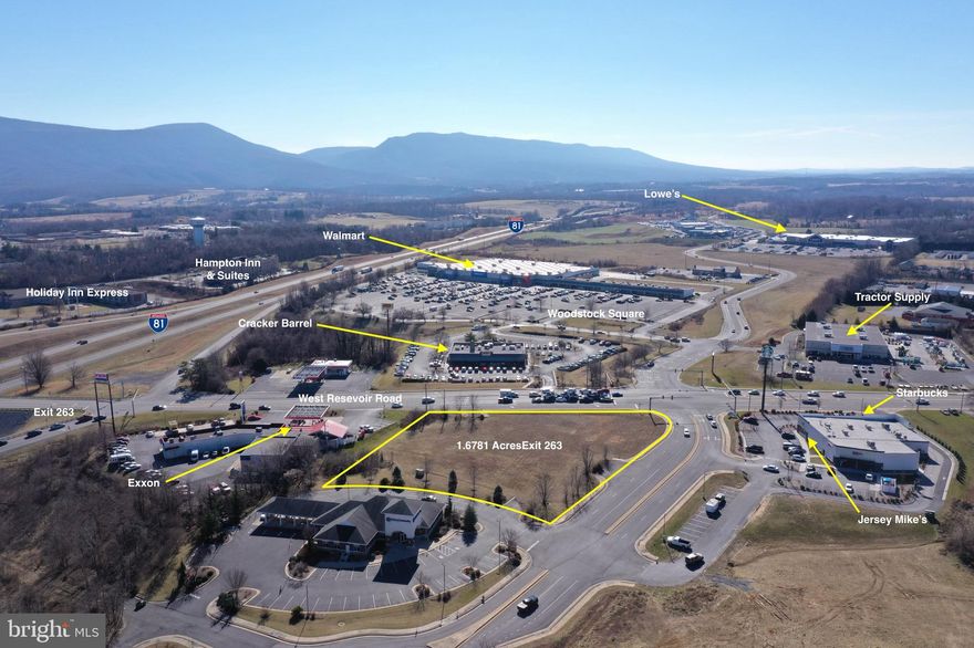 Retail parcel in Woodstock, Virginia, directly off I-81, corner of West Reservoir Road and Woodstock Commons Drive, Starbucks, Cracker Barrel, Walmart, Tractor Supply and Jersey Mikes all within eye shot.  Zoned B2, potential restaurant, car wash, retail or office.  Currently site plan approved for restaurant with pole signage.