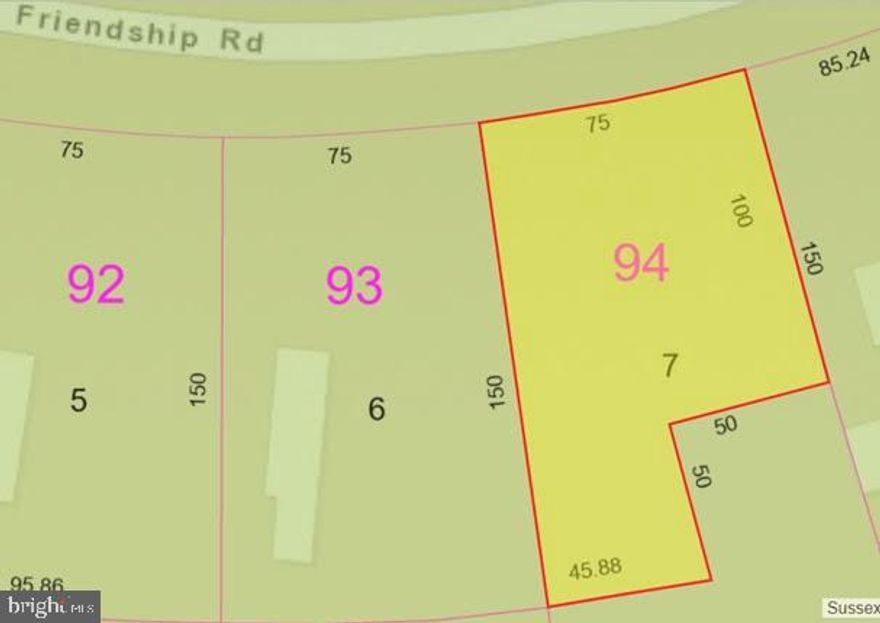 Vacant in-fee lot #7 with approximately 10,700sf fronting Friendship Rd,  water provided by Tidewater with hook-up fee, main sewer line on Friendship Rd pending sewer approval, sewer hook-up fee, Electric provided by Delaware Electric Cooperative with hook-up fee,  No builder tie-ins, suitable for stick built and/or modular home.  A lot/home package is also listed and available for $299,853.00 with dwelling to be determined.   5423-TL