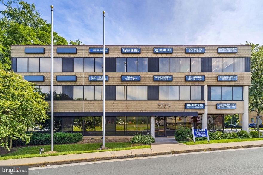 Double glass doors off the elevator lobby with grand reception area with built-in desk, library, office, conference room, kitchen, and auditorium. 

Located within a half-mile of I-495 and within walking distance of Little River Shopping Center, we’re pleased to offer for sale 4 office condos on the top floor of 7535 Little River Tpke. Units 310-E, 325-A, 325-B, & 325-C comprise 11,576 SF (18.7% of total condominium ownership), are fully furnished, and can be sold separately or together. The 62,000 SF, 3-story office building was built in 1980; however, the common areas have been recently renovated. The new owner will benefit from prominent building signage on Little River Tpke (54,000 vehicles per day) as well as the 12 reserved, covered parking spaces that come with the units. On-site property management ensures the building is well-maintained and condo fees kept low relative to similar properties.