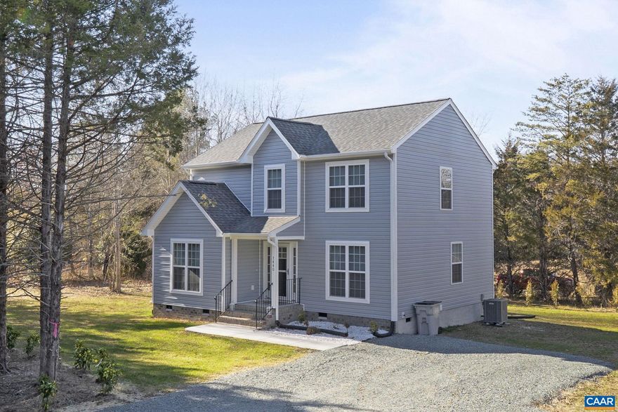 Still brand new and beautifully appointed, this home is ideally located just minutes from Pantops, downtown Charlottesville, UVA, and Interstate 64. Set on a private 2-acre lot, the home features a spacious open floorplan with a bright island kitchen, stainless steel appliances, and a sunny breakfast nook. The first-floor primary suite offers comfortable main-level living, while the upper level includes three additional generously sized bedrooms and a full bath.  Firefly internet.  Owners had extra soundproof insulation installed in the walls.  Private level lot.  Great opportunity to find an affordable brand new home just minutes from Charlottesivlle.