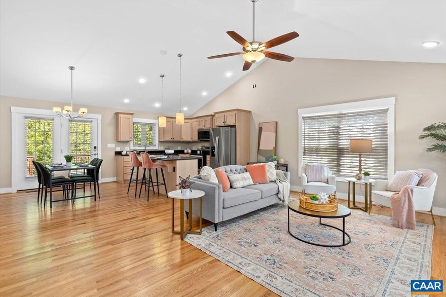 Beautifully built in 2020 with quality materials, this light filled home is easy to love.  The spacious open-concept living, kitchen and dining boasts hardwoods, recessed lights & vaulted ceilings.  This kitchen was built to last with dovetail/soft close cabinetry in a white oak finish, dark granite tops and stainless steel appliances. Easy access to the back deck from your dining area for entertaining and grilling out.  Laundry on the the main level easily serves the 3 bedrooms and 2 baths.  The primary suite has a huge walk-in closet, full linen closet and attached bath.  The owners had the builder finish out the terrace level with more quality construction and products built to last like LVP and custom wood vanities.   This on-grade entry has a front entry with gracious foyer as well as entry from the 2 car garage - with drop zone areas.   This level now has the fourth bedroom, media room and flex space with an full bath - perfect for guests or home office / gym or additional rec space. Play, garden or relax in your spacious yard on a quiet cul-de-sac within walking distance of downtown Standardsville. Stroll to shops and restaurants. Schools are even closer. Winter mountain views!,Granite Counter,Oak Cabinets,Wood Cabinets