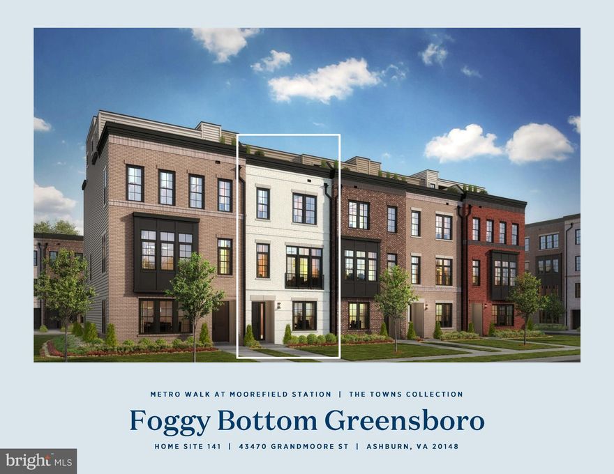 Welcome to Metro Walk Towns by Toll Brothers!  This beautiful Foggy Bottom home offers 4 bedrooms, 3 full baths, and 2 half baths. There is a private first floor bedroom with full bath that is perfect for your guests, or use it as an office space. Open to the great room and dining room, this center kitchen boasts 2-toned cabinets, upgraded quartz countertops, and KitchenAid appliances.  There are design curated features throughout this home! The fourth-floor loft offers a wet bar, perfect for entertaining along with a 9-foot multi panel door that allows you to bring the outside rooftop terrace space in.  Engineered hardwood floors throughout! Metro Walk’s convenient location is a quick walk to the Ashburn Metro Station and future retail developments!  The clubhouse is open and offers a fitness center, yoga studio, outdoor pool, playground, and an outdoor movie screen. Walking trails wrap around and throughout the community. Look forward to moving in this Winter 2023/2024!