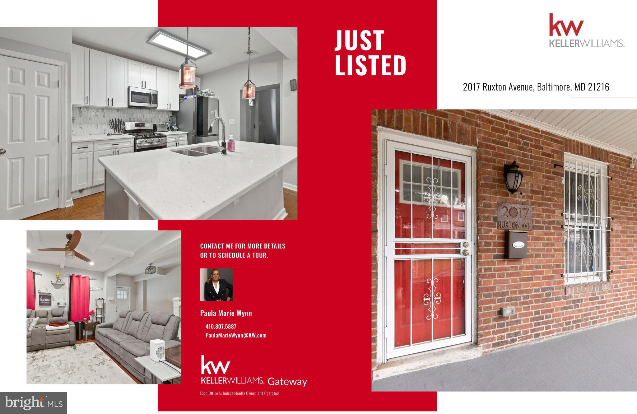 Welcome to 2017 Ruxton Avenue—a beautifully maintained brick porch-front home thoughtfully renovated in 2020. Offering 4 spacious bedrooms and 2 full bathrooms across nearly 1,900 square feet of finished living space, this home blends modern upgrades with classic charm. The gourmet kitchen features white 42-inch cabinets, a striking quartz countertop island, custom backsplash, and stainless steel appliances, including a 5-burner gas stove. Enjoy elegant finishes like recessed lighting, tray ceilings, and hardwood flooring throughout the main level.
The fully finished lower level includes a private bedroom, full bath, and laundry area—perfect for guests or extended family. Bathrooms are updated with stylish tilework, vanities, and lighting. Additional highlights include central A/C, a programmable thermostat, carpeted bedrooms, and ample natural light.
Conveniently located near I-695, I-70, I-83, parks, the Baltimore Zoo, and shopping, this move-in-ready home offers the perfect blend of comfort, style, and accessibility. Don’t miss your chance to own this lovingly cared for home in a well-established neighborhood!