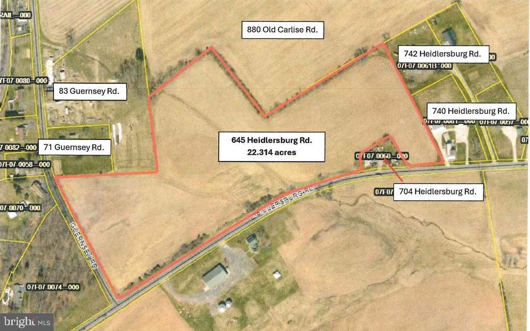 Build your dream home or farmette on this beautiful and conveniently located 22.3 acres. This parcel offers road frontage on Rt. 234 and Guernsey Road. Township Road Master has agreed to a driveway location off of Guernsey Road and the State has issued a permit for a driveway off of Rt. 234. Land is enrolled in Clean & Green for tax savings. Property could be subdivided into two 2 parcels. The taxes assessment listed is for the entire 226-acre parcel and improvements. 2025 crops are planted and reserved. Call for perc test results and additional documents.
