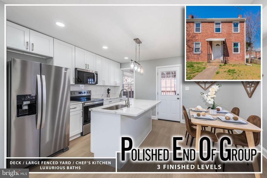This beautifully renovated end-of-group home offers three spacious, fully finished levels with an open floor plan that maximizes space and natural light. As you enter the main level, you’ll be greeted by gleaming wood flooring that flows seamlessly throughout the living room and dining area, creating a warm and inviting atmosphere. The modern island kitchen is a true highlight, featuring elegant Quartz countertops, sleek stainless steel appliances, and ample cabinetry, perfect for both cooking and entertaining.  Upstairs, you’ll find two generously sized bedrooms, each with plenty of closet space, and a luxurious full bath with stylish finishes. The finished basement adds even more living space with a cozy family room, an additional bedroom, and a full bath, offering versatility for guests, a home office, or a private retreat.  Step outside onto the rear covered deck, a peaceful spot to relax or entertain, while enjoying the expansive, fully fenced yard—perfect for outdoor activities, gardening, or simply unwinding. This home offers a perfect balance of contemporary design, comfort, and functionality in a fantastic location.
