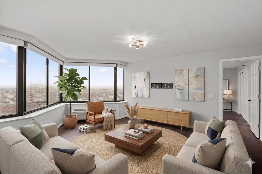 Experience elevated urban living in Unit 2001 at CityView Condominiums. A bright 978 sq. ft. corner residence with breathtaking city and sunset views over Philadelphia. This modern 1-bedroom +den, 2-bath home offers an open-concept layout with engineered hardwood floors, oversized windows, remote controlled automatic shades, and smart light switches. The kitchen features stainless steel appliances, granite countertops, and ample storage. The generously sized primary suite includes a recently updated en-suite bath with luxurious soaking tub and shower, stacked washer/dryer and large closets. The second bathroom features a walk-in shower. It offers configurable flexibility,  this unit boasts the potential to be adapted into a functional two-bedroom home. Upscale building amenities include 24-hour concierge, doorman and security system, fitness center, heated outdoor pool, expansive landscaped grounds with garden and gazebo, and resort-style living. The unit includes an assigned first-floor parking space (#67). Unbeatable location within steps of Whole Foods, Target, The Art Museum, parks and dining.