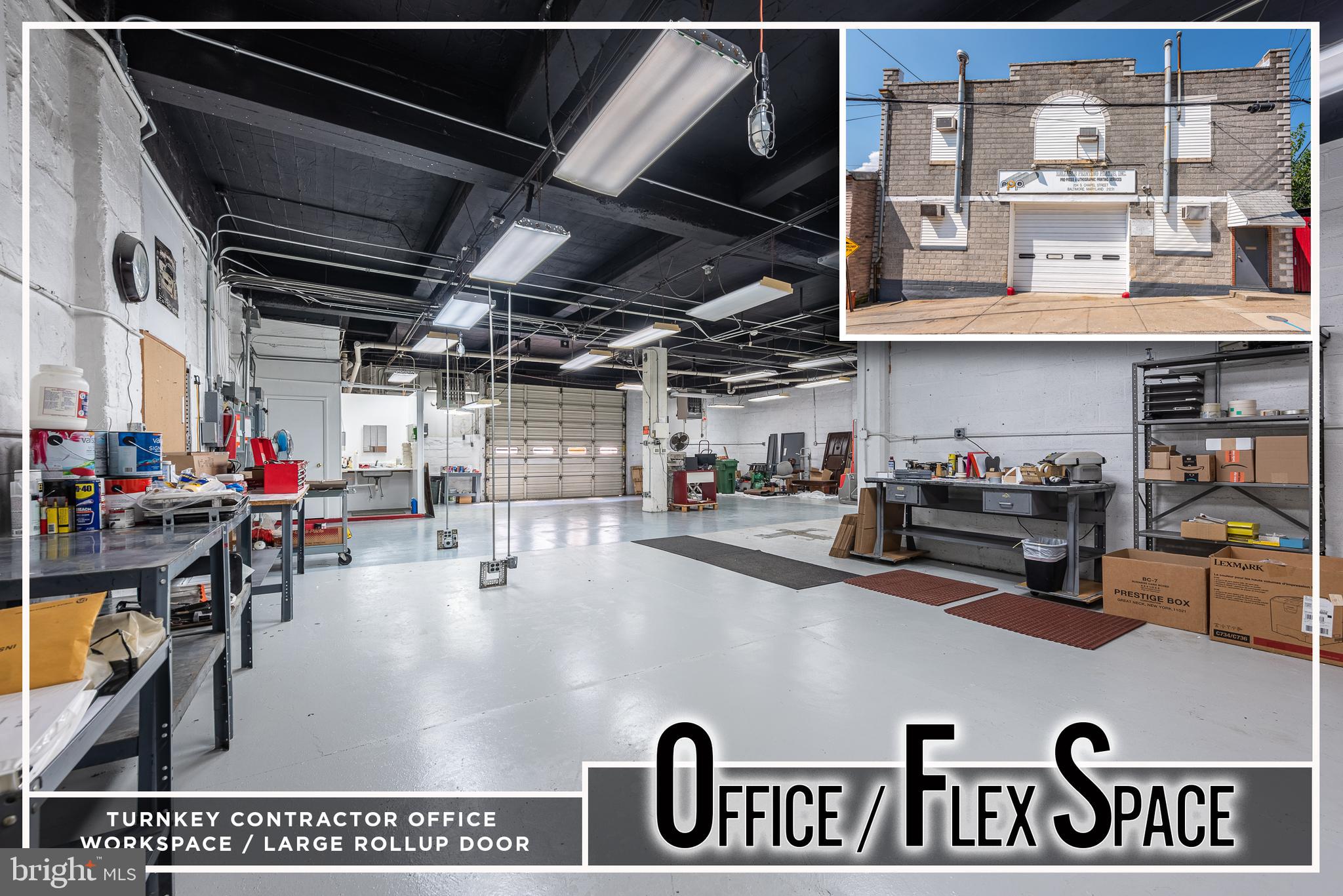 TRULY UNIQUE COMMERCIAL OPPORTUNITY LOCATED IN THE HEART OF UPPER FELLS POINT! This updated commercial property features a 5,760 sq. ft. building with 2,430 sq. ft. of industrial space on the main level with a large garage door and the ability for parking for up to 6 commercial vehicles. The upper level features a waiting room, conference room, 3 office spaces, a kitchen, half bath, & tons of storage. Approximately 200k in recent improvements including a new rolled asphalt roof with new wood underlayment, entire upgrade of electrical service allowing for heavy electrical usage, new 6" -12" concrete floors with Epoxy overlay on the main level, and more. Conveniently located close to Patterson Park, Johns Hopkins Hospital, and downtown Baltimore. Ideal for a mid-sized company looking for industrial/warehouse space with offices. Sold As-Is! Owner financing available for qualified buyers!
