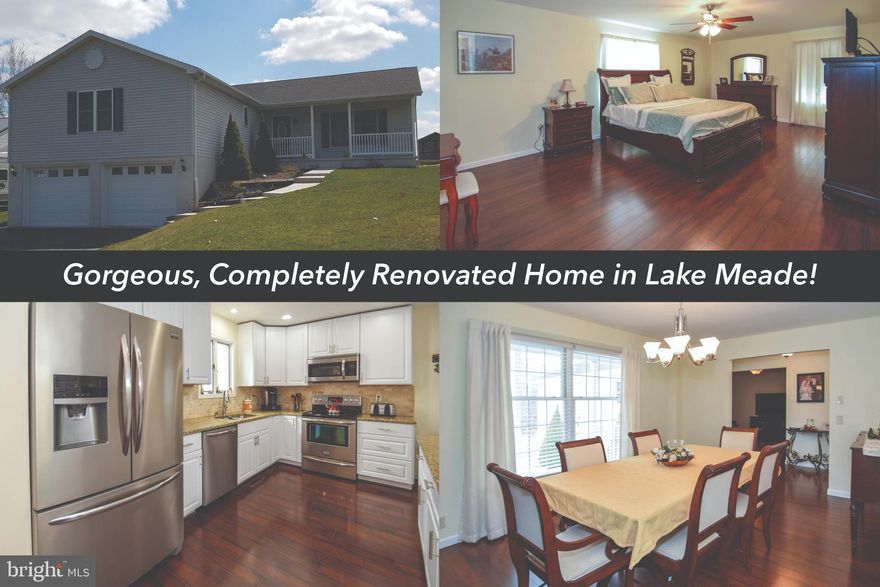 You will love this fully renovated, 3 bedroom, 3 bath raised rancher in the water-oriented community of Lake Meade. This is NOT a flip!  The current owners have done an exceptional job, including installing a brand new kitchen with recessed lighting, granite counters, tile backsplash, and stainless steel appliances.  A cozy den area off the entrance foyer leads to the incredible master suite with walk-in closet with organizers, master suite with jacuzzi tub, granite and dual sink vanity, and an amazing ceramic shower with built-in shelf and upgraded fixtures.  A second master suite has a fully remodeled full bath with granite top vanity and ceramic shower, and generous closet space.  The entire main floor of the home has new laminate wood flooring throughout, and the third full bath in the hall is also fully updated with ceramic and new fixtures.  The living room is currently being used as a formal dining room, and there is also a separate dining room off the kitchen, which leads to the enclosed sun porch with new laminate floor.  The lower level features a large family room area and a generous laundry room.  The oversized 2-car garage offers ample space for vehicles, boats, lawn mower and workshop area, and the utility room off the garage has tons of storage space!  New architectural roof installed in 2015.   The lot backs to farmland and it s just a short walk to the community swimming pool and recreation areas.  Lake Meade is a gated community which offers indoor and outdoor recreational areas, boat slips, fishing, swimming and more.  Move in just in time to enjoy the great outdoors in your backyard.  Open House Sunday 4/8/18, 1:00 to 3:00 p.m.