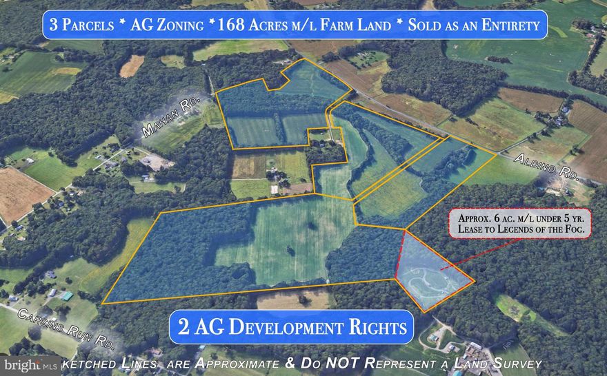 168+ acres of level land * approx. 95 acres tillable. This property is comprised of three (3) separate tax parcels; 1) 23 ac. MDAT ID No. 02-053551, tax map 43, parcel 214 - two ( 2) AG Dev Rights are attributed to this parcel. It is not encumbered by a Conservation Easement.  PLUS the following 2 parcels which are subject to a Harford County AG Preservation Deed of Easement:  2) 72.86 ac. MDAT No. 02-053624, tax map 43, parcel 156, Lot A & B and further described as Parcel A & Parcel B on Plat Book 207, page 19; 3) 72.47 ac. MDAT ID No. 02-053683, tax map 43, parcel 317, Lot C and further described as Parcel C on Plat Book 207, page 19.  The property contains in the aggregate 168 acres m/l.  The property must be sold as an entirety.  Homesites are not permitted on the 2 parcels which are encumbered by the Harford County AG Land Preservation Deed of Easement. The purchase of the property is subject to the owner's right to harvest the existing sod crop not later than December 31, 2025 and a 5 yr. lease of 6 ac. m/l to Legends of the Fog.  The annual lease payment is $ 1,500.00.  The property is located at the corner of Aldino Road and Mahan Road.  Plat * Soils Maps * Deed of Easement are available in the MLS documents and from the office of the Broker.