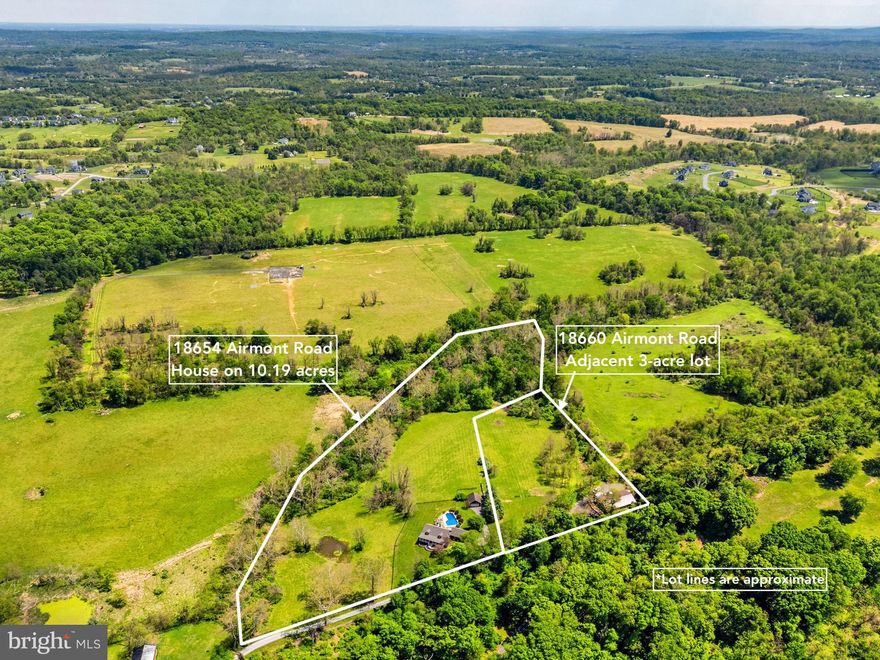 Set on a picturesque, private 13-acre property (consisting of two lots), this charming Cape Cod with a POOL offers the perfect blend of timeless character, thoughtful updates, and exceptional outdoor living. The offering includes the main residence on 10.19 acres PLUS an adjacent 3-acre buildable lot — creating a rare opportunity for a family compound, future home site, or investment potential. The house on 10-acres is also available for purchase separately without the additional lot (see MLS ID: VALO2125072). List price for house on 10-acres (without the 3-acre adjacent lot) is $1,249,000. **AGENTS: Please schedule showings online using MLS ID: VALO2125072, 18654 Airmont Rd.**

A classic Southern-style front porch welcomes you home and sets the tone for the warmth and comfort found throughout. Inside, the spacious floor plan features 5 bedrooms, including a desirable MAIN-LEVEL PRIMARY SUITE, and 2 full plus 2 half baths — all beautifully updated in 2026. The cozy family room with wood-burning fireplace flows seamlessly into the breakfast nook, where large windows frame peaceful views of the pool and surrounding countryside. Upstairs, four generously sized bedrooms share a large hall bath.

The fully finished walkout lower level offers exceptional versatility with a private office, virtually sound-proof music room, exercise room, expansive recreation room, and bar area.

Outdoor living is truly spectacular. Enjoy summer days by the pool with waterfall feature, entertain on the expansive deck with gazebo, or simply take in the serene views of rolling pastures, mature trees, and the small pond. The land is a beautiful mix of open space and wooded privacy, with fenced pastures ready for horses or livestock, a run-in shed, and a large chicken coop. Protected on three sides by neighboring conservation land, the setting offers remarkable privacy and long-term scenic preservation.

Additional highlights include both an attached two-car garage and a detached two-car garage, plus quality construction with Anderson windows, 2x6 walls, and R-19 insulation.

Recent updates include a new roof (2026), fully updated primary and secondary baths (2026), new carpet in all bedrooms and basement office (2026), new light fixtures (2026), newer well pump (approx. 2019), newer pool pump motor (approx. 2023), and newer pool liner (2023).

The adjacent 3-acre lot is a beautiful, mostly open parcel with gentle topography. The lot includes a 4-bedroom perc site and reserve drainfield site (expired county approval letter), with electricity available at the property. Properties are not in an HOA. ***3-acre lot will NOT be sold as a stand-alone purchase at this time. Seller wants to sell house first, or house and lot together*** Interior photos will be uploaded Thursday. 
Don't miss this incredible and rare opportunity for two adjacent properties in Loudoun County!