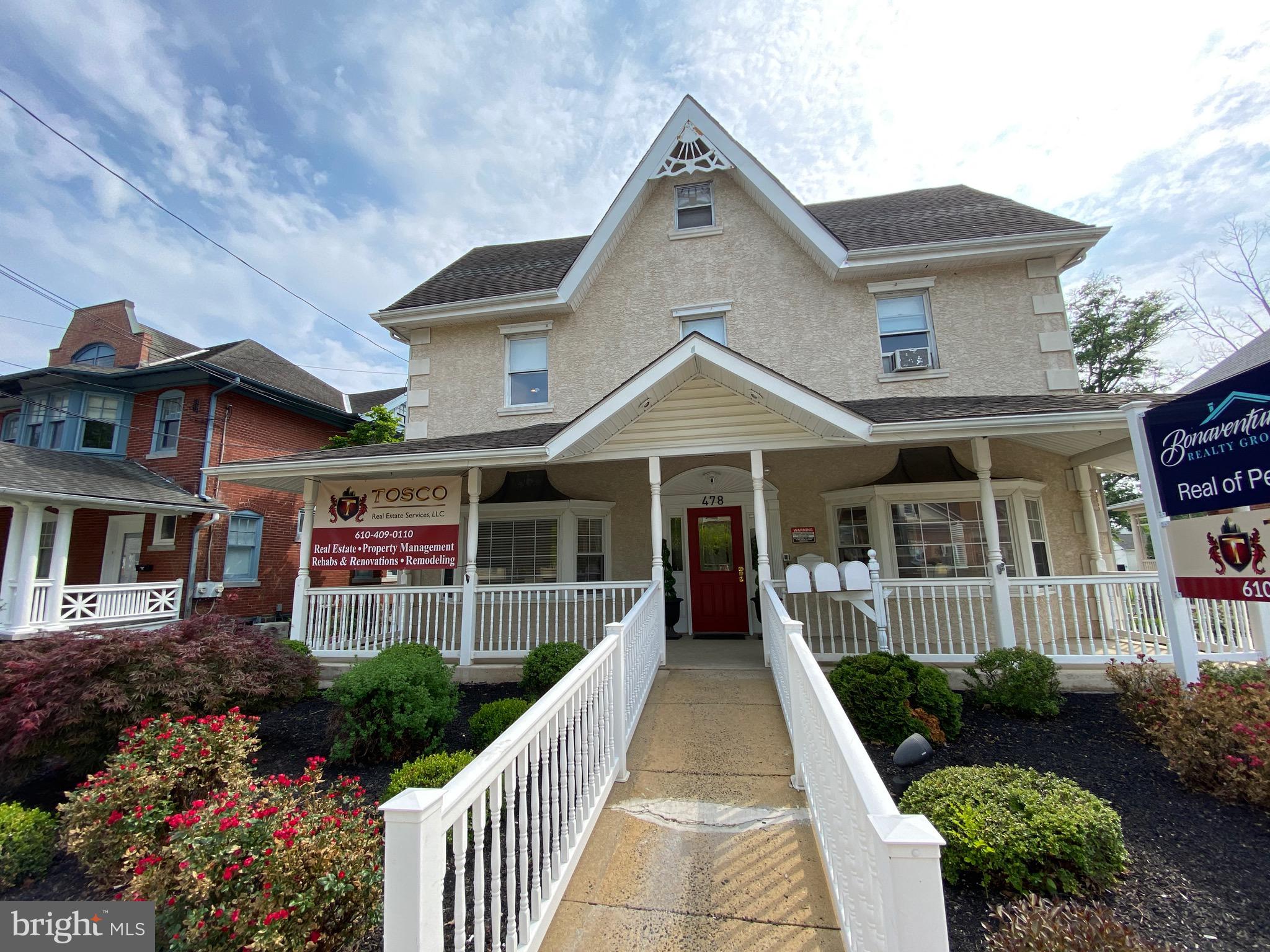 LOCATION, LOCATION, LOCATION! Unique opportunity to rent a Main Street first floor professional office with excellent signage visibility in Collegeville. Situated across from the Collegeville Municipal Building and in close proximity to other successful area businesses as well as, Ursinus College further enhance the offerings. This first floor office features a large front waiting area with a built in receptionist desk and large bay window, two large private offices with two additional bull pen office areas, two private bathrooms and a large conference room with kitchenette that features maple shaker style cabinets, granite countertops, under-mount sink, refrigerator and microwave. Additional features include a front porch with ADA accessible ramp, secured entry, hardwood floors and ample parking. Sq. ft. is approximately, 1,350 sq. ft. Office furniture is not included. Shown by appointment only.