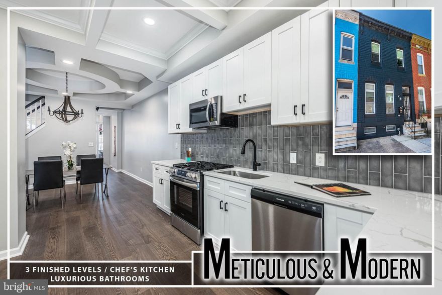 Exceptional Modern Renovation Near Johns Hopkins – Eligible for $17K Live Near Your Work Grant!
Step into this meticulously renovated rowhome, where contemporary design meets everyday comfort across three fully finished levels. From the moment you enter, you’ll be captivated by the spacious, light-filled living room featuring an elegant electric fireplace, rich wood flooring, and eye-catching decorative ceilings that add architectural flair. The separate dining area flows seamlessly into a chef-inspired kitchen, outfitted with gleaming Quartz countertops, stainless steel appliances, tile backsplash, and custom cabinetry—ideal for both casual meals and entertaining.  The main level also offers a convenient laundry area and a stylish half bath with modern finishes. Upstairs, retreat to the luxurious Primary bedroom suite complete with a second electric fireplace, ample closet space, and a spa-like ensuite bath showcasing a sleek walk-in shower and designer tilework. Two additional generously sized bedrooms and a beautifully appointed full hall bath round out the upper level.  The fully finished lower level provides even more versatile living space, including a fourth bedroom, a full bath, and room for a home office, gym, or media area. Step outside to enjoy the private rear patio, perfect for grilling, relaxing, or entertaining under the stars.  Situated just blocks from Johns Hopkins Hospital, this home qualifies for the $17,000 Live Near Your Work Grant and offers easy access to local parks, public transportation, and downtown attractions. A true urban gem blending quality craftsmanship, thoughtful design, and unbeatable location!  Seller to install AC condenser prior to settlement