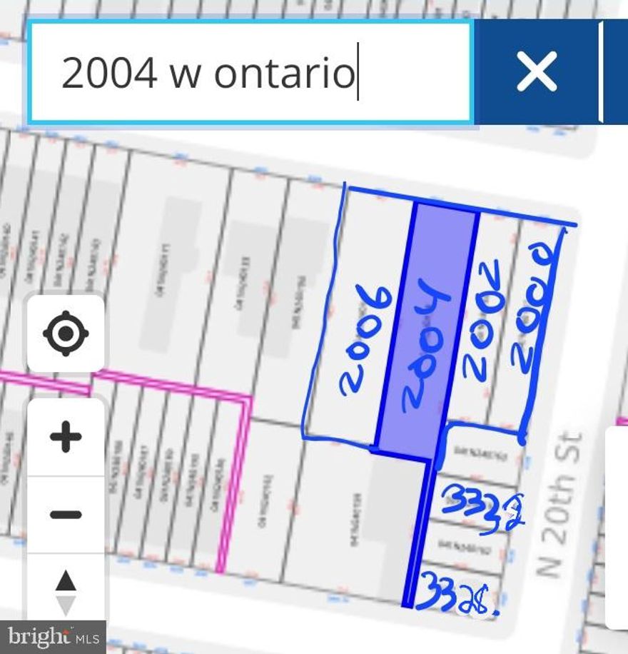 Package deal for 2000 W Ontario tax id-112052300, 2002 W Ontario tax id-112052400, 2004 W Ontario tax id-112052500 and 2006 W Ontario tax id-112052600. If all of these lots are combined the square footage totals approximately 16,665 sq ft. The total frontage on West Ontario st of all 4 parcels when combined is approximately 122.5 ft. Frontage on 20th st from the corner lot 2000 W Ontario st is approx 119 ft. 2000 W Ontario is approx 23.5ftx119 ft(2700+ sq ft). 2002 W Ontario is approx 24ftx119ft (2900+ sq ft). 2004 W Ontario st is approx 35ftx140ft (5400+ sq ft). 2006 W Ontario st is approx 40x140 ft(5500+ sqft). No plans included, consult with your zoning professional to see what you can apply for. According to philadelphia atlas 2004 W Ontario has a 4 ft wide sliver of land that runs thru to Bellevue st and connects to the rear of some lots on 20th st. (3328 n 20th st and 3332 n 20th st are listed separately and can potentially add a couple thousand sq ft to this assemblage if both are purchased). Check philadelphia public record websites for current real estate tax info. Real estate agent has financial interest.
