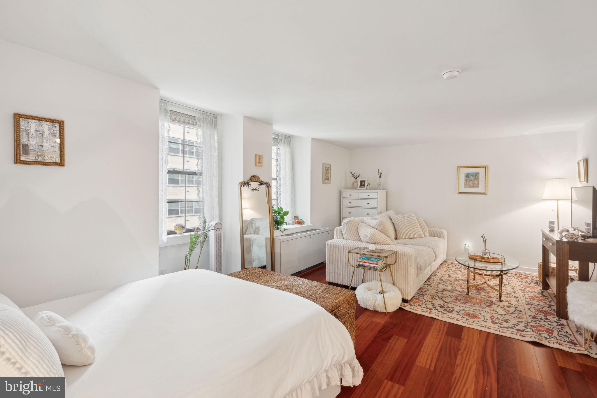 Perfectly sized studio at Parc Rittenhouse right on Rittenhouse Square! Enter past the open kitchen and conveniently located bathroom into the bright and cheery living area with ample space for multiple furniture layouts, a large wall closet, and two oversized windows providing excellent natural light. The updated kitchen offers sleek white cabinetry, granite countertops, stainless steel appliances, a washer/dryer, and tile floor. The beautiful bathroom features a large white vanity with marble top, tub shower, and marble tile floor. Additional highlights include a coat closet, hardwood floors, and baseboard molding throughout. Residents of Parc Rittenhouse enjoy world class amenities and services including a 24 hour doorman; an amenities suite that includes a brand new state-of-the-art fitness center and resident lounge with pantry; media room; outdoor rooftop pool club with a large pool deck, full size pool, kids pool and hot tub; garage parking below the building for an additional fee; and two amazing restaurants on the ground floor, Stephen Starr’s Parc and Via Locusta.