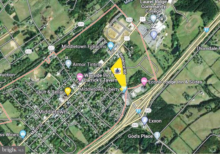 SVN is introducing 7.8 Acres of Commercial development land located at the Gateway to Historic Middletown in the beautiful Shenandoah Valley at I-81 Exit 302.  There are two parcels totaling 7.8 ac of B2 zoned land along Reliance Road that are ready to be developed into a community business hub to service this growing community of Middletown.  There are more than 900 linear feet of road frontage along Reliance Road.  Laurel Ridge Community College is considered one of the top Community Colleges in Virginia with a student population of 3,500 plus staff and teachers.  Middletown is also home to the Historic Wayside Inn (circa 1797). The immediate area consists of a Hotel, McDonalds, neighborhood shopping center, 7-11 and Liberty convenience stores.  Several national builders have been expanding in the immediate proximity of this development property.  Visit this growth corridor site to understand how your vision could become a reality.