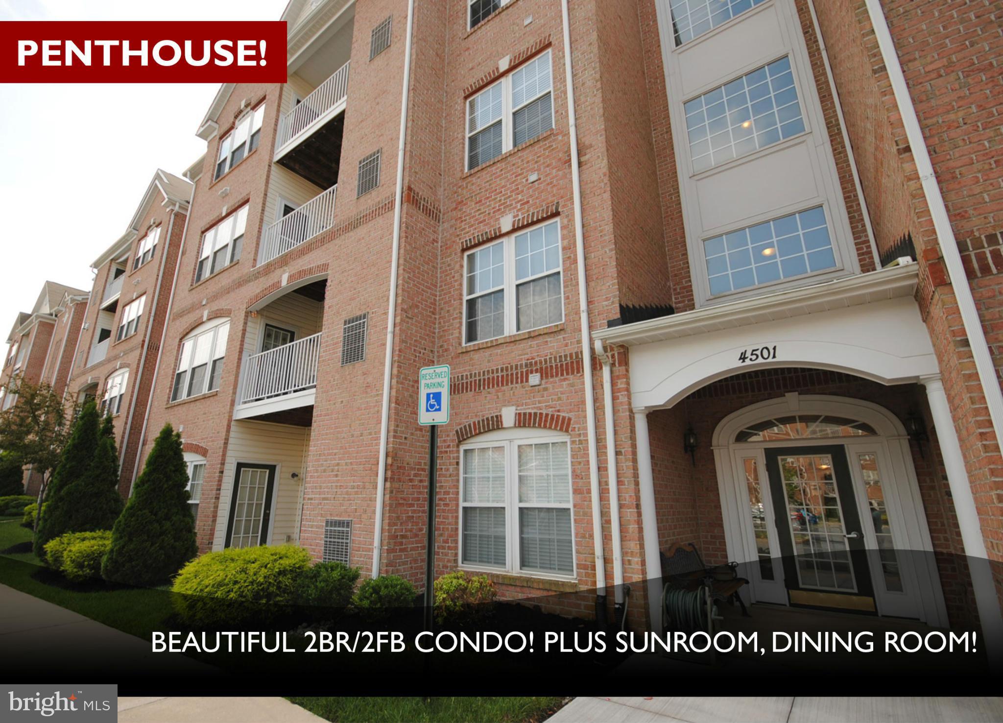 Beautiful 2BR/2BA Penthouse sunlit condo! Chefs kitchen w/42 cabinets, bkfst bar, wood floors, sunroom w/plantation shutters, sep DR. Spacious LR w/high ceilings, gas FP & wood floor. MBR w/sitting room, walk-in closet & attached bath w/double vanity. Bedrooms with W/W carpet. Terrace, secured ADA compliant. Conveniently located to shops & major routes.