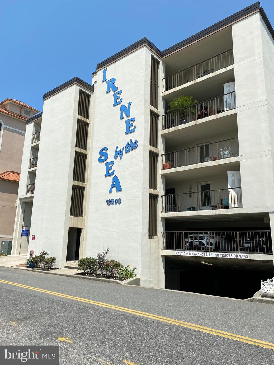 Rarely available is 202 Irene By The Sea, it is one of the largest 2 bedroom ocean front units. Fabulous North Ocean City location. Bedrooms are spacious, the master bedroom and living area are on the ocean side and can directly access the private oceanfront balcony with electric hurricane shutters. Open concept floor plan. Many recent upgrades to include new sliders/windows, flooring, carpet and tile, raised panel doors, new stainless steel appliances, a/c unit on roof, fans, granite countertops in kitchen and both bathrooms, master bathroom walk in tile shower with cobble stone floors. Tile back splash in kitchen. New front jalousie door and wainscoting in the entry into living area. Elevator service to your condo. Separate storage closet for all your beach toys and bicycles. Garage parking underneath the building. This spacious building is for owners only. Rentals are not permitted. Affords additional privacy for all 12 owners in this mid rise masonry building. Close to restaurants and shopping.