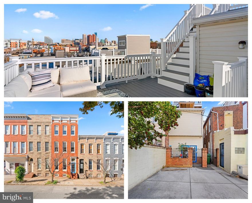 Ready for its next chapter! Home appraised twice at $500K in 2020. Since then, NEW roof, NEW roof deck with WOW views!, HVAC 2021, and entire exterior wall repointed. Picture a delightful life here in the timeless elegance of this magnificent home. A turn-of-the-century gem, this dwelling presents an ideal blend of historical charm and modern functionality. With a well flowing layout and abundant space, enjoyment of private respite as well as the company of kith and kin can be held with ease. The list of desirable city home amenities to enhance home life here is long, including off-street parking, a rooftop deck offering stunning city views, an abundance of natural light, classic Baltimore exposed brick, and ample storage spread across four beautifully finished levels. The entry vestibule adorned with a stained glass transom is just the first note of a symphony of historic details lovingly preserved throughout the home. Hardwood floors, original staircases, intricate trim, fireplaces, and mantels all whisper stories of bygone eras. A cozy yet radiant living room fronts the home sitting off the entry hall and a generous greeting space. A convenient and well placed half bath is passed on the way to the large kitchen, featuring all the modern conveniences we've come to expect. Create culinary masterpieces on the impressive 6-burner gas range, under a coffered tin style ceiling, steeped in historic charm. The kitchen flows effortlessly into a spacious dining room, providing ample space for cherished moments breaking bread with family and friends. Step outside to a wrought iron and brick enclosed patio ahead of the parking pad. Back inside an open staircase with middle landing leads you to the finished lower level accented with rustic exposed beams. This space offers plenty of flexibility for use with two rooms that can serve a multitude of purposes. Closet and unfinished space for storage allows the rest of the level to actually be living space. A full bathroom here ensures functionality and provides an opportunity as a guest area or additional quarters for permanent residents. Heading back up, ascend the grand original staircase to the upper levels where you can retire for rest and rejuvenation in one of three spacious bedrooms. The first upper level boasts a front bedroom with a large walk-in closet, lofty ceilings, and abundant natural light streaming through three tall, charmingly trimmed windows. The rear bedroom features an attached full bathroom and enjoys its own infusion of natural light through two large windows on the side. On to the uppermost level, you'll discover the primary suite. The en suite bathroom indulges with a soaking tub and separate stand-up shower, adorned with modern yet classically styled floor tiles, in harmony with the rest of the bathrooms on these upper levels. At the back the office or bonus room provides space for productivity, be it work or hobby. Admire the skyline and neighborhood around from the newly rebuilt two-tier deck accessed via a wet bar area creating a seamless outdoor retreat. Your daily routines are effortlessly facilitated with dedicated off-street parking and easy access to commuter routes, putting the charm of Charm City and beyond at your doorstep. This home has been cherished for a century and quarter more, bridging the 19th to the 21st! Come and experience the true essence of urban living as part of the history and future of Baltimore. Don't let this opportunity pass you by. Schedule your tour today!