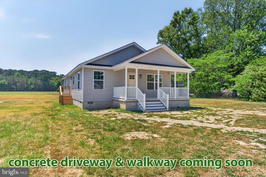 BRAND NEW - TURN-KEY 3BR/2BA ,1,400sf contemporary rancher on a large homesite - quality-built by local builders with many upgrades included - LVP flooring throughout, stainless steel kitchen appliance package, granite counters, upgraded cabinetry, ceiling fans in all bedrooms!   * * *  Location qualifies for 100% Financing! * * *   Great floorplan maximizes every square foot. Wide, welcoming front porch leads into the living room. Large living room opens into the dining room and kitchen. Bright + cheery kitchen with plenty of crisp, white cabinetry, granite countertops, roomy dining area. Primary bedroom with LVP flooring, ceiling fan, full, en-suite bathroom - double-sink vanity, gorgeous deep-blue cabinetry, tub/shower combo, linen closet. 2 additional bedrooms with ceiling fans and LVP flooring, and a 2nd full bath with tub/shower combo. Nice-size laundry room completes the home's interoir. Concrete driveway and walk to be installed. Minutes to Historic Downtown Pocomoke - a charming small town with rich history, art scene, charming shops, & unique restaurants on the banks of the Pocomoke River.  20mi to NASA Wallops Facility, 20mi to beloved Chincoteague Island, and the incredible wild horses and sandy Atlantic beaches of Assateague. Close to everything Worcester County has to offer - boating, world-class fishing, crabbing, wildlife estuaries, incredible state parks - a true paradise for nature lovers, photographers, boaters - anyone who wants to enjoy the more relaxed pace of the Eastern Shore. Just 2-3 hours to major metro areas - Virginia Beach/Norfolk, Washington DC, Baltimore, Philadelphia, NYC. Life in Worcester County is good - from the beaches to the bays & beyond! Sizes, taxes, distances are approximate.