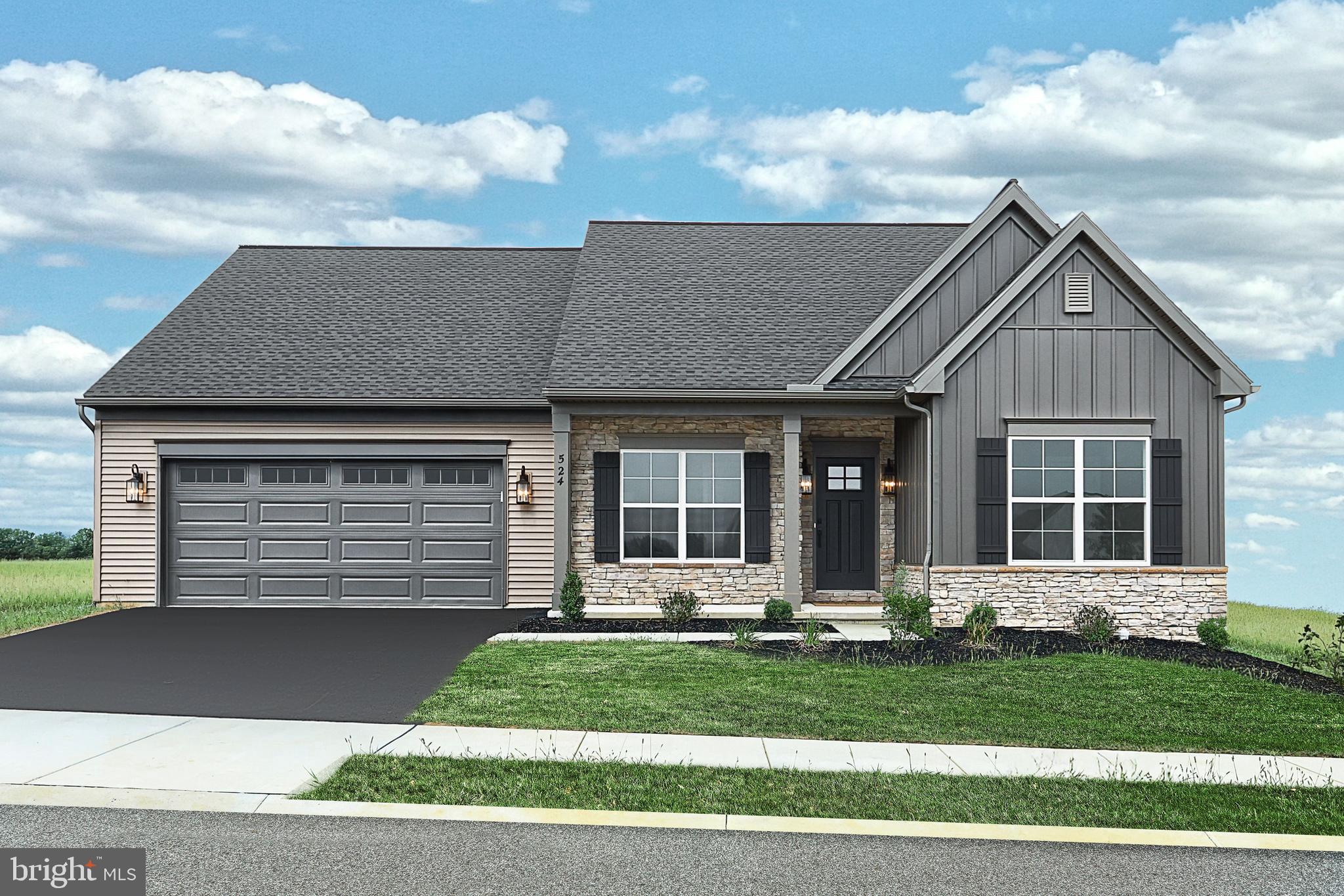 Convenient, single story home in the 55+ community of Winding Creek, complete with an inviting front porch, a 2-car garage with a mudroom entry, and 9’ ceilings. The home features an open floor plan that includes a flex room, secondary bedroom, and full bathroom to the front of the home. Stylish vinyl plank flooring in the foyer extends to the main living areas. The open kitchen is well-equipped with enhanced cabinetry, quartz countertops with a tile backsplash, a large pantry, and stainless-steel appliances. The great room is warmed by a gas fireplace with stone surround. Adjacent to the kitchen and great room is the sunny dining area with access to the rear deck. The owner’s suite is quietly tucked to the back of the home and includes an expansive closet and a private bathroom with a tile shower and double bowl vanity.