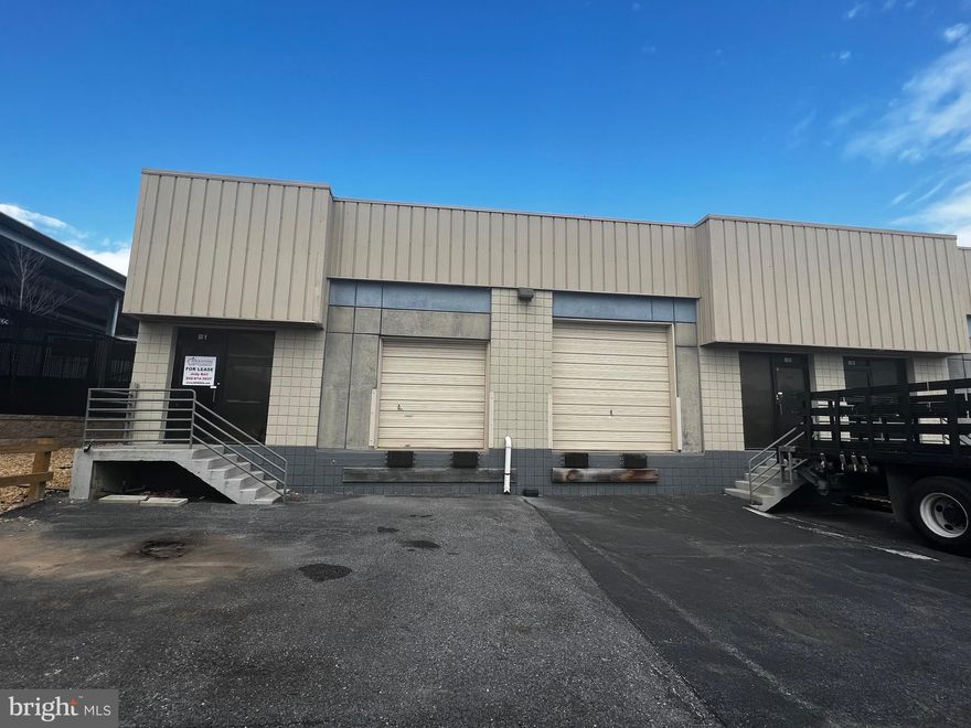 Warehouse Space Located Near I-70 Exit and Adjacent to East Patrick St. & Monocacy Blvd. Buildings are concrete block & metal construction. Warehouse Ceiling Height is 14 . Free Surface Parking with Security Lighting. All units have Gas Heat and are Sprinklered & Monitored. Zoning Building 95 - Suite B16-17 - 4,160 SF - With Large Open Office Area, Two Drive-In Doors and Large Open Warehouse Area. Triple Net = $2.84 SF