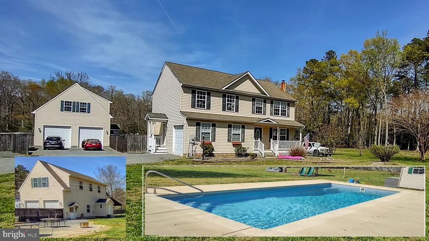 Sellers are motivated and have found their home of choice.  This unique property has so much to offer and has been a great family home providing many warm memories.  Well cared for 4 BR 2.5 BA home has 2,116 sq. ft, and features an open floor plan for comfortable living. The welcoming kitchen has classic granite counters and maple cabinets, while a custom-made stainless steel top island borders the Living Rm. The wood burning stove can heat the entire lower level in winters, a huge help with heating bills.  The dining area, right off the kitchen flows into the Family Rm, and has sliding glass doors to the fenced and private back yard.  The back deck, stamped concrete patio, and pavers are perfectly set up to enjoy gatherings, and the fabulous inground fiberglass saltwater pool w/a concrete patio surround has seen many fun times.  The insulated pool house has electric and entertainment space, and a cedar gazebo sits poolside providing protection from the sun.  The huge 28 x 40 detached garage has extra high ceilings, 3 oversized garage doors, one in the back opening to a large covered cement pad for extra equipment or boat storage, along with an attached half bath facing the pool (& plumbing available for a future outdoor shower).  Interior stairs lead to a 640 sq. ft. in-law suite on the upper level w/BR, full BA, laundry rm, and large storage room and kitchenette, and has efficient mini-split units for cooling/heating.   There's more,  a lawn equipment shed, and garden space and a chicken coop in the far back yard, a large laundry and utility room in the house, and an attached garage which is currently used as an exercise area and storage.  Make this complete package your next home and enjoy country living, while less than 4 miles to downtown Leonardtown, the Arts District, restaurants, shops and the wharf.  And an easy commute (10 miles) to PaxRiver NAS.