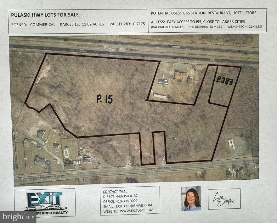 Prime location in Elkton, MD, situated between 2 major roads (Rte 40 and Rte 7) with road frontage on each road.  Easy access from eastbound Rte. 40, located close to I-95 and Rte 279.  High traffic and convenient access to hospitality, dining, and fuel services for high-volume interstate traffic.  Perfect for retail, dining or convenience-focused businesses.  Zoned Commerical EMU which provides a wide variety of uses for these lots.

2 Lots ( 11.02 acres and 0.72 acres) located on Pulaski Hwy in Elkton MD.  Great road frontage, access from both Rte 40 and Rte 7.  Zoned Commercial EMU.  There is an easement on this property and also a small portion of wetlands.